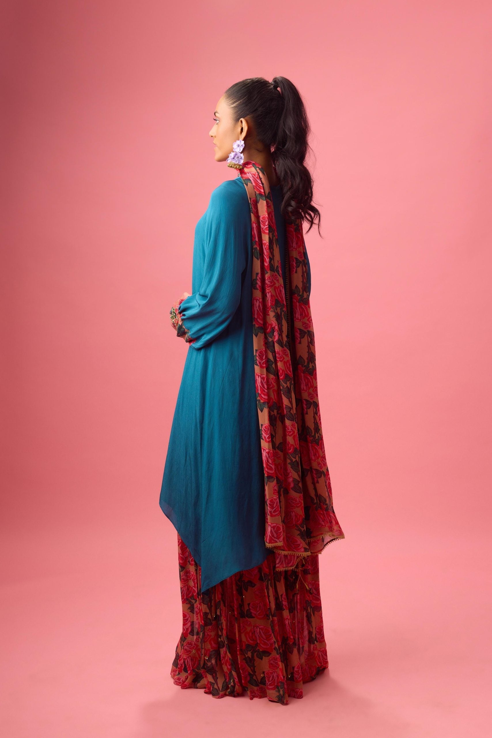 BLUE SOLID CREPE ASYMMETRICAL HANDWORK KURTA  PAIRED WITH PRINTED SHARARA AND DUPATTA