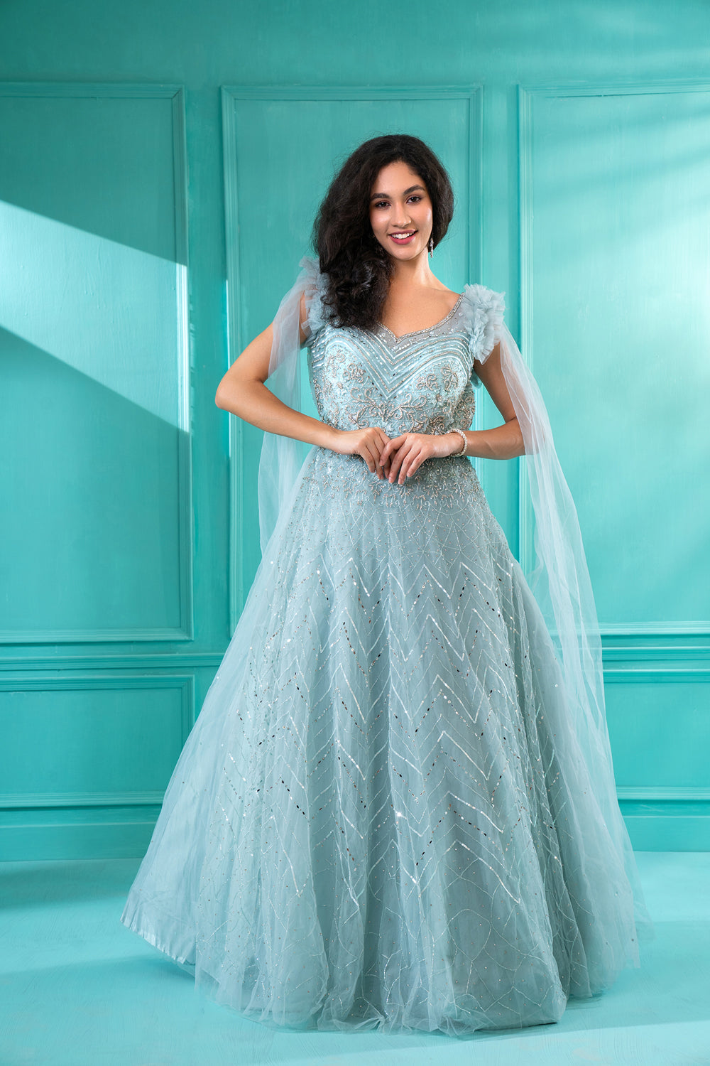 Baby Blue Sequins Embroidered Flared Gown - Auraya Fashion - Riyaasat - #tag1# - #tag2# - #tag3# - #tag3#