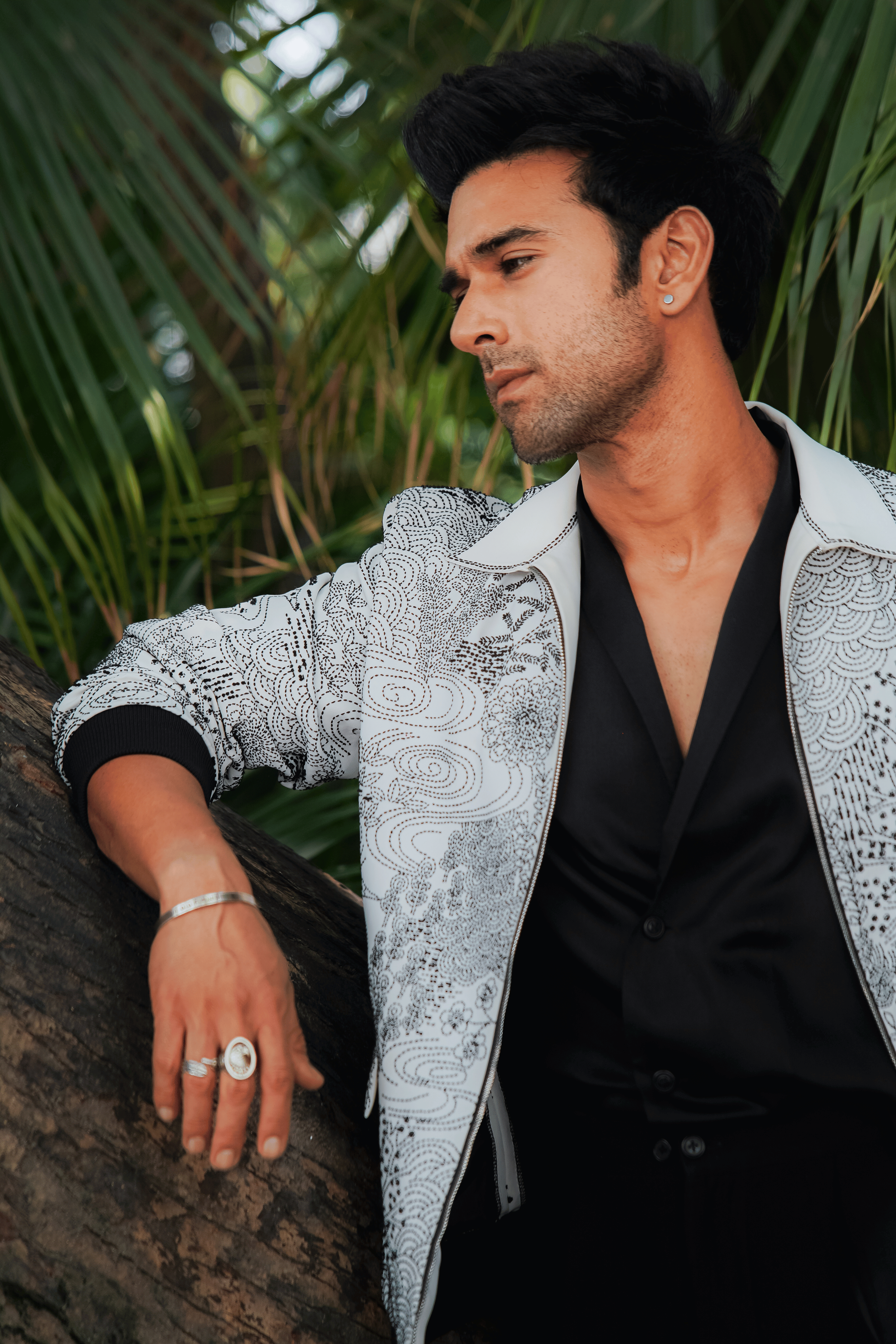 White & Black Worsted Wool Kantha Embroidered Bomber Jacket