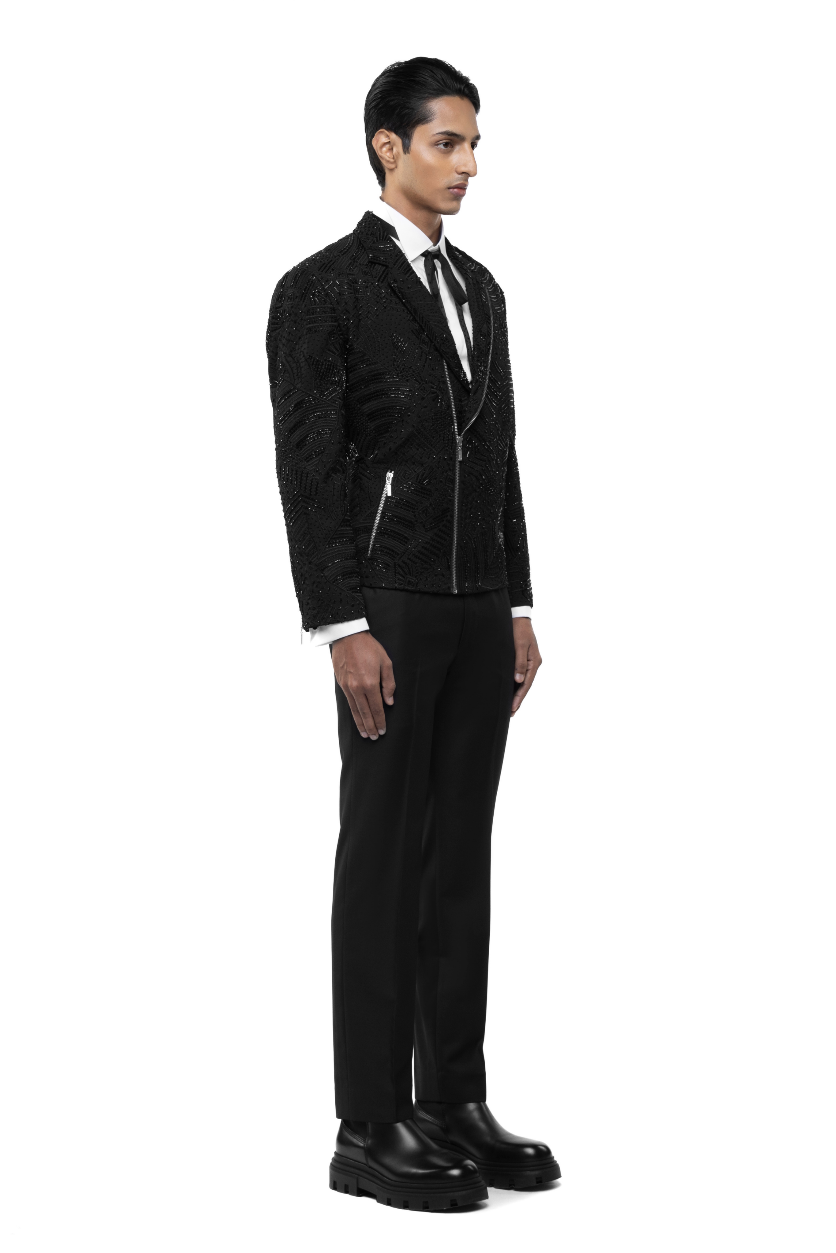 Black Silk Traditional Embroidery Biker Jacket