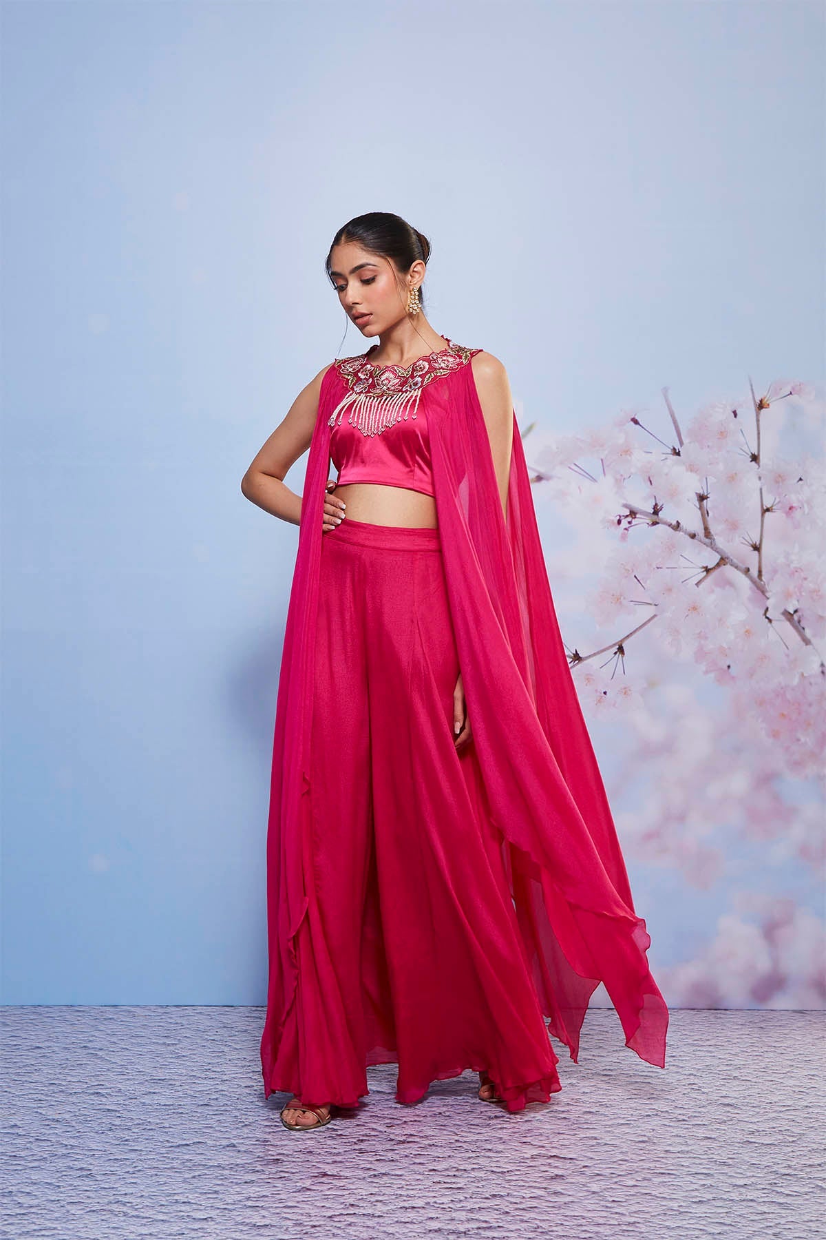 Rani Pink Chiffon Layered Jacket Sharara Set with Embroidery