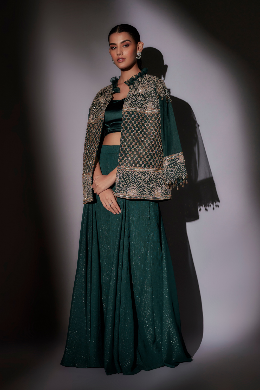 Green Juliet Embroidered Jacket and Flared Sharara Set