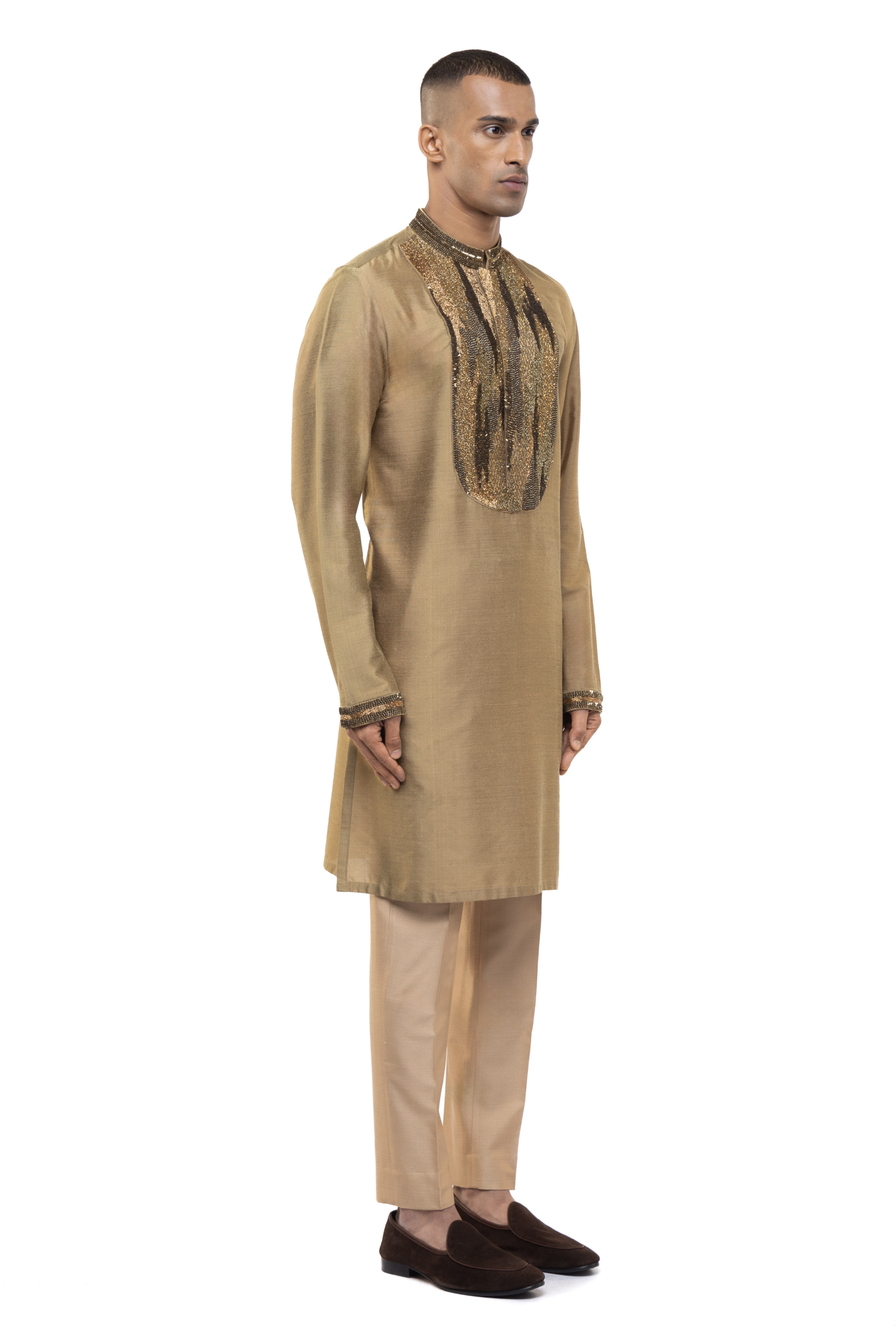 Gold Silk Placket Embellished Kurta Set
