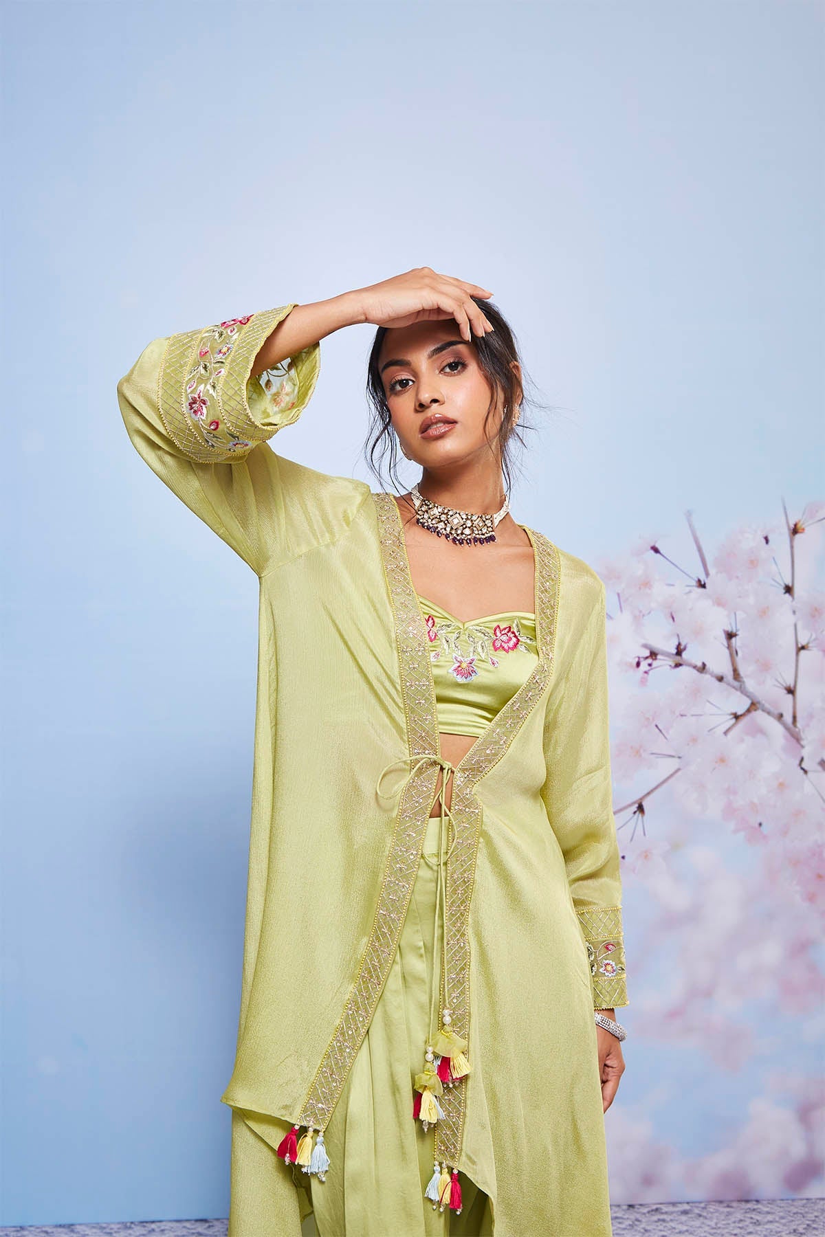 Mint Embroidered Chiffon Jacket and Dhoti Set - Naniya