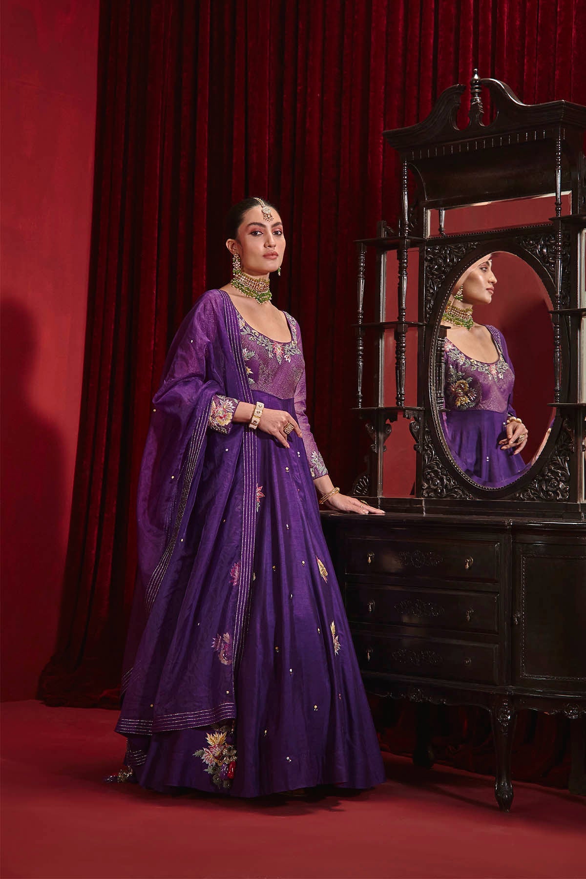 Saloni Purple Embroidered Dupion Silk Anarkali with Organza Dupatta