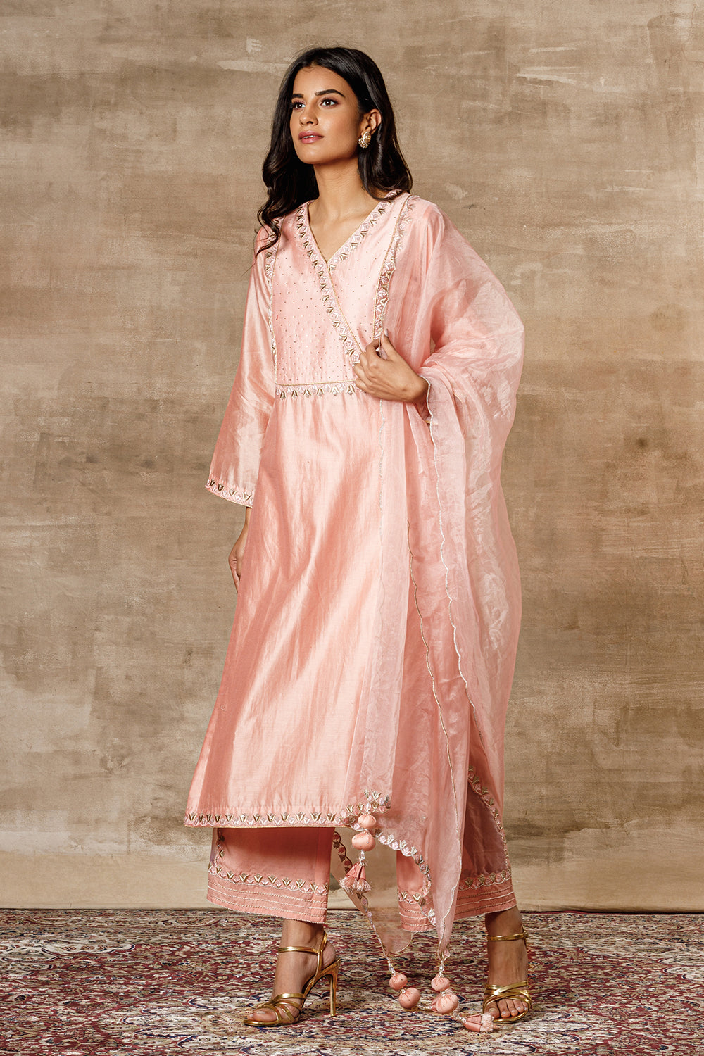 Swarovski Peach Chanderi Embroidered Straight Kurta Set for Women