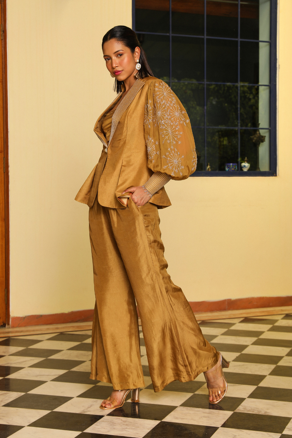 Pia Co-ord Set - Honey Gold Embellished Organza Jacket with Pants