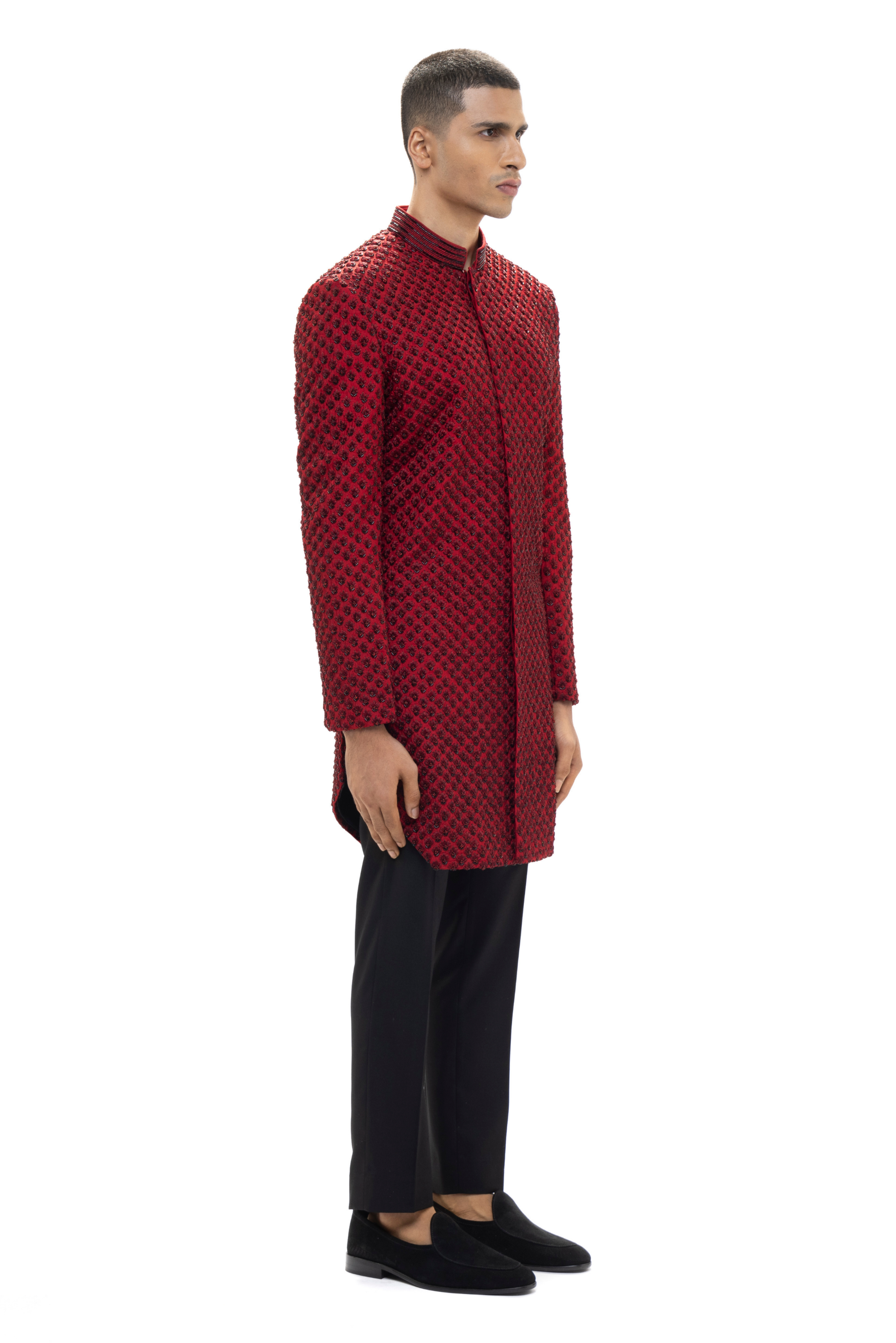 Maroon Silk Beaded Embroidery Achkan Set