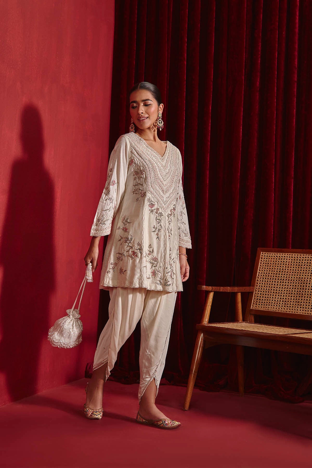 Ivory Embroidered Kurta with Lace Dhoti & Organza Dupatta Set