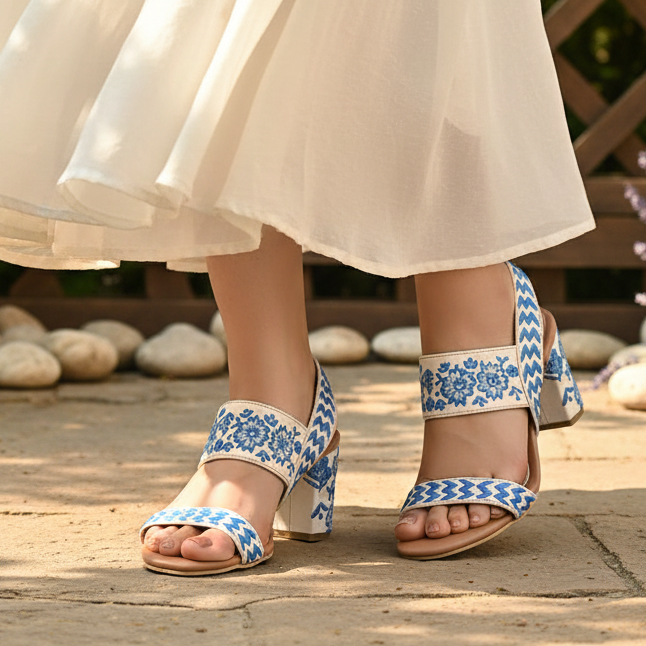 Crème & Blue Block Heels