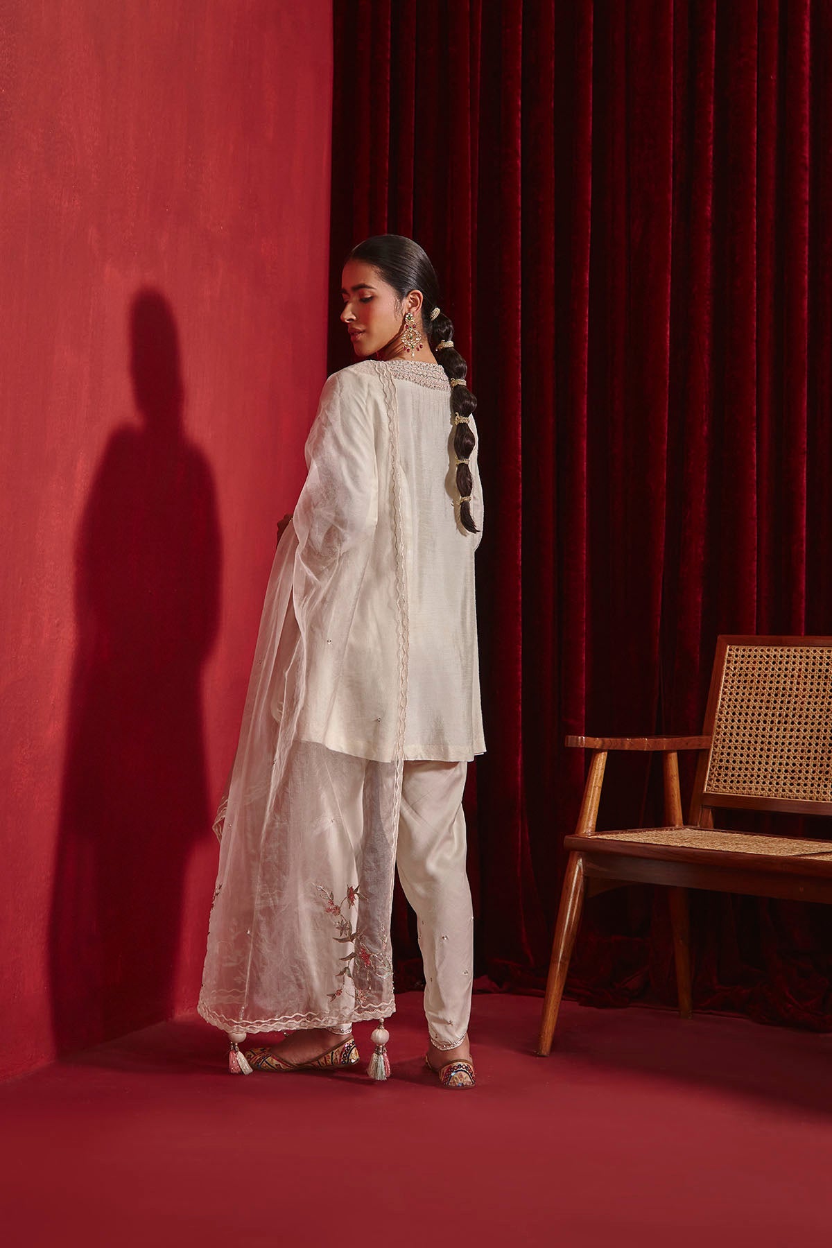 Ivory Embroidered Kurta with Lace Dhoti & Organza Dupatta Set