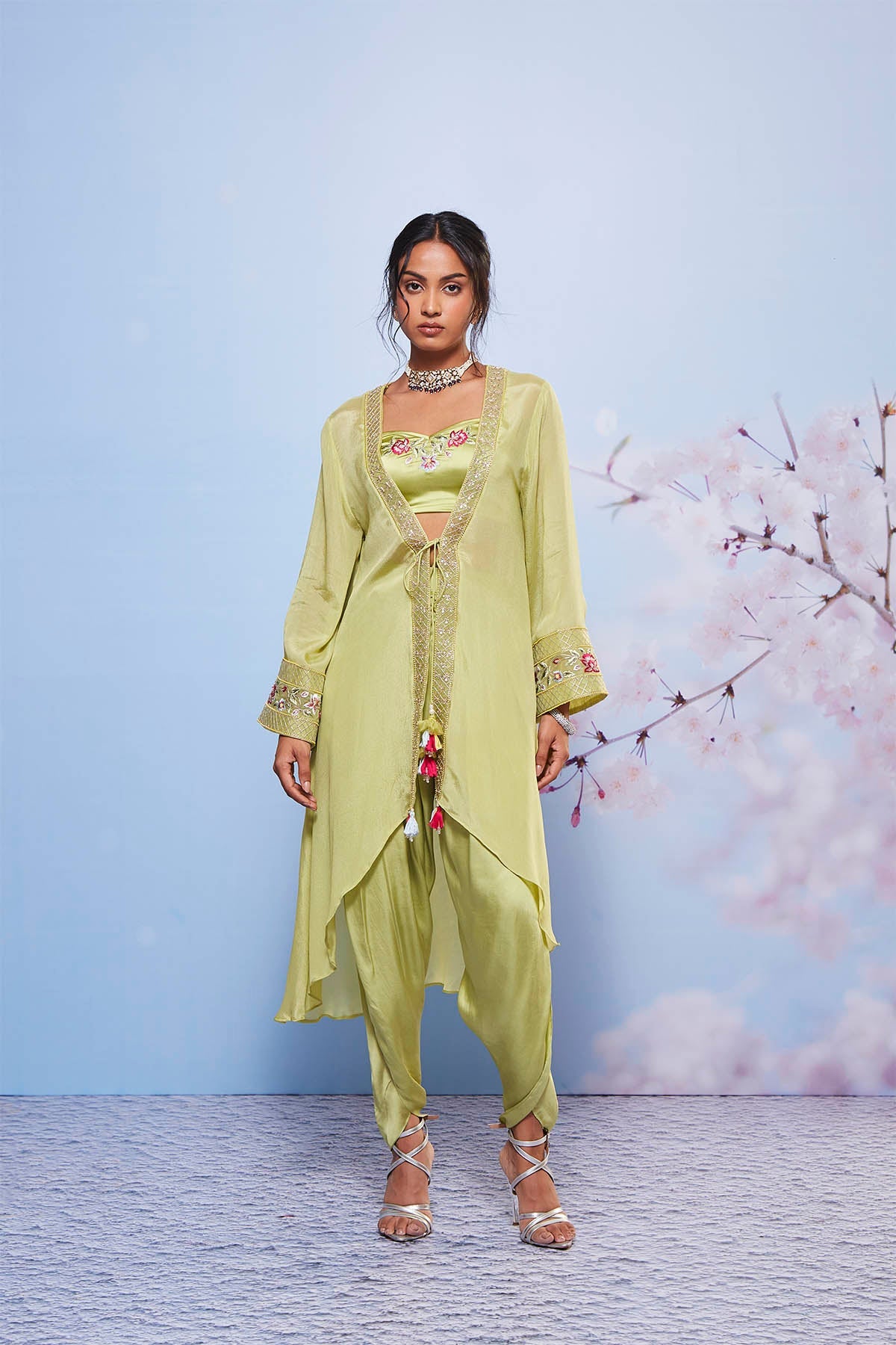 Mint Embroidered Chiffon Jacket and Dhoti Set - Naniya