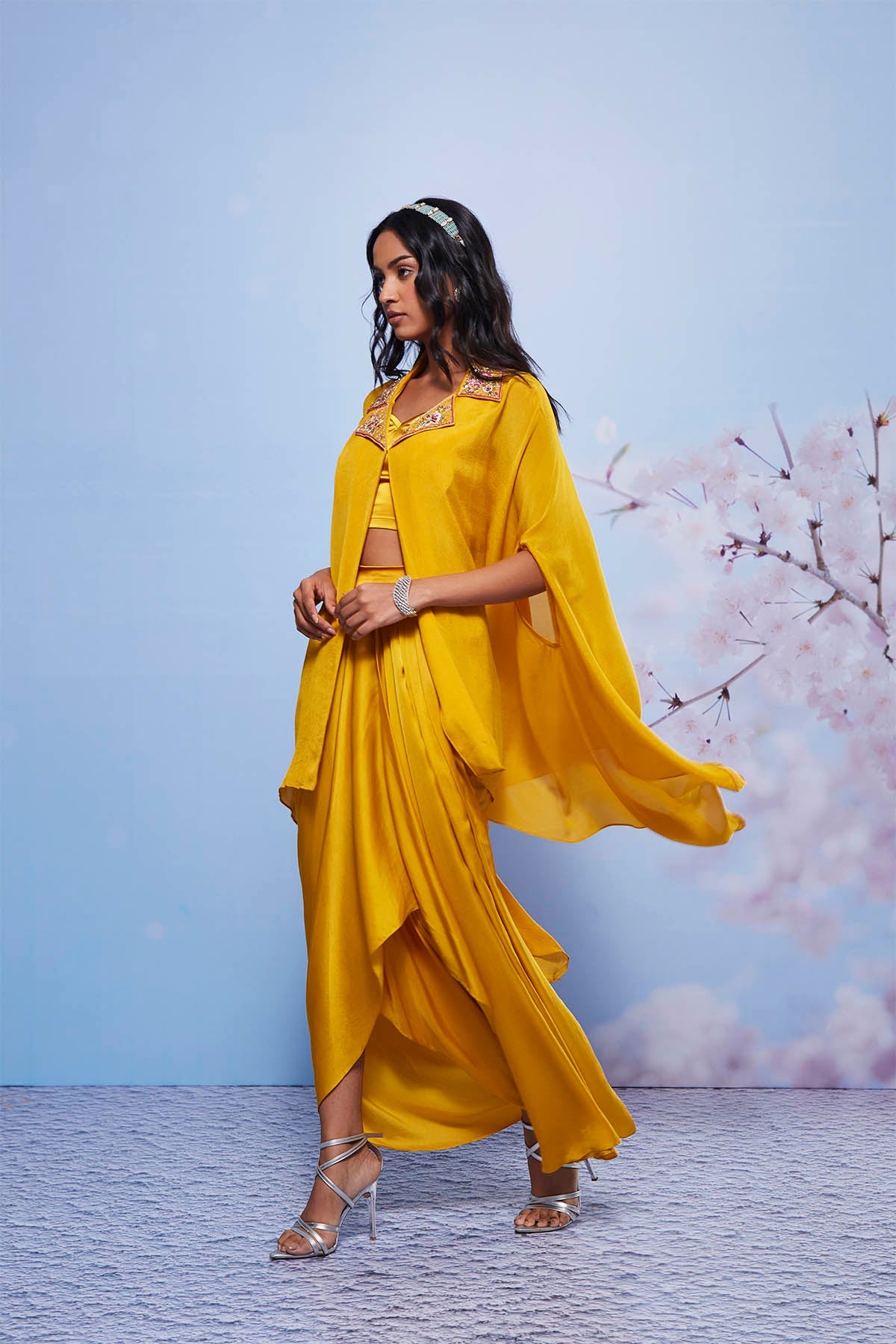 Zarin Mustard Embroidered Cape Set with Pick-Up Skirt & Bustier