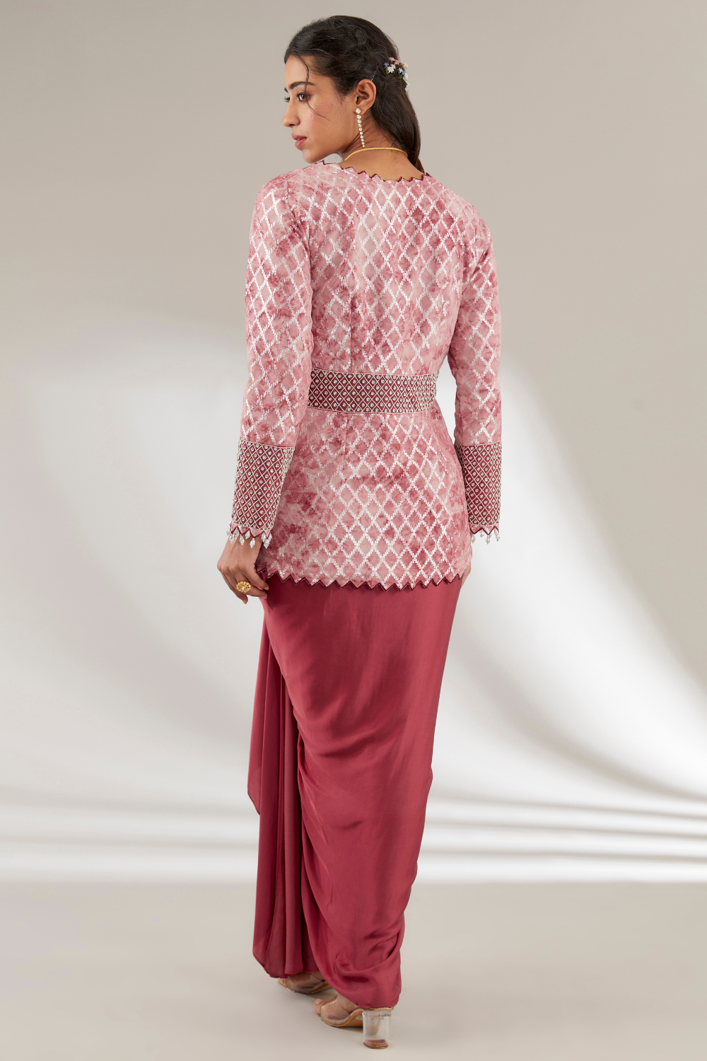 Akira Skirt Set in Pink - Opada Silk Embroidered Jacket Ensemble