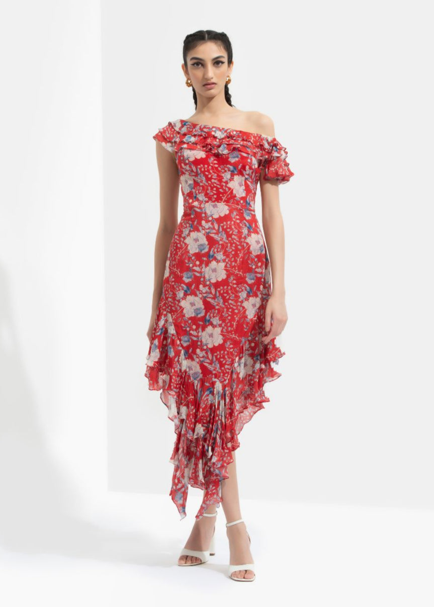 Ajisia Printed One Off Shoulder Dress