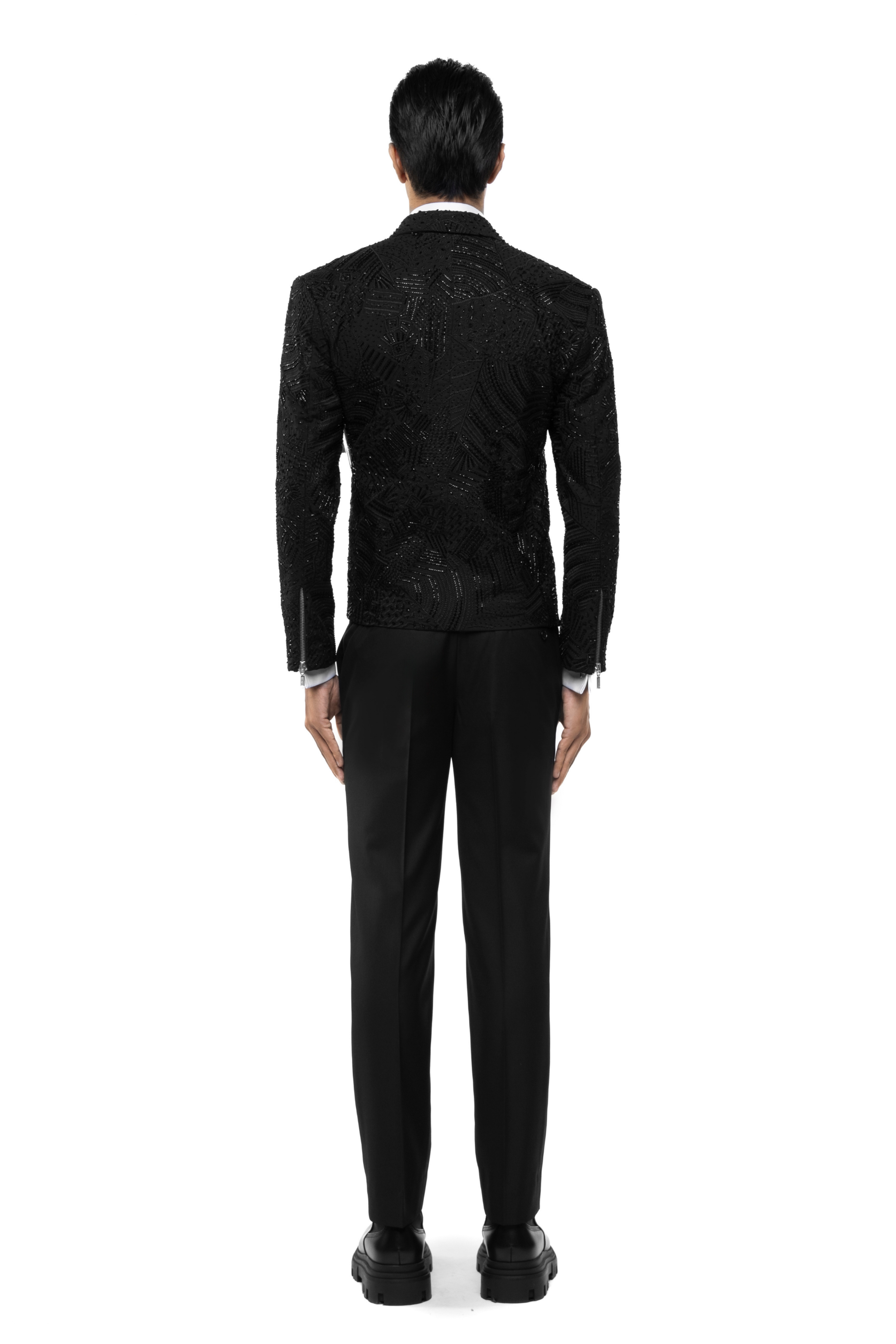 Black Silk Traditional Embroidery Biker Jacket