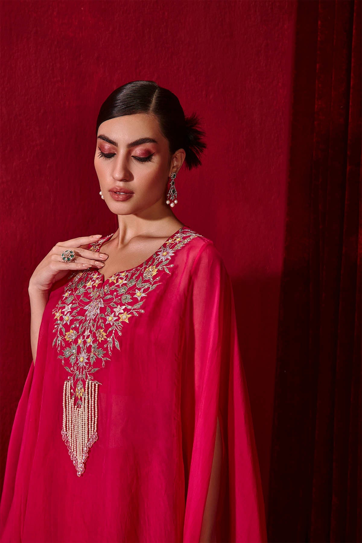 Rani Pink Embroidered Organza Cape with Pick-up Skirt - Chahat