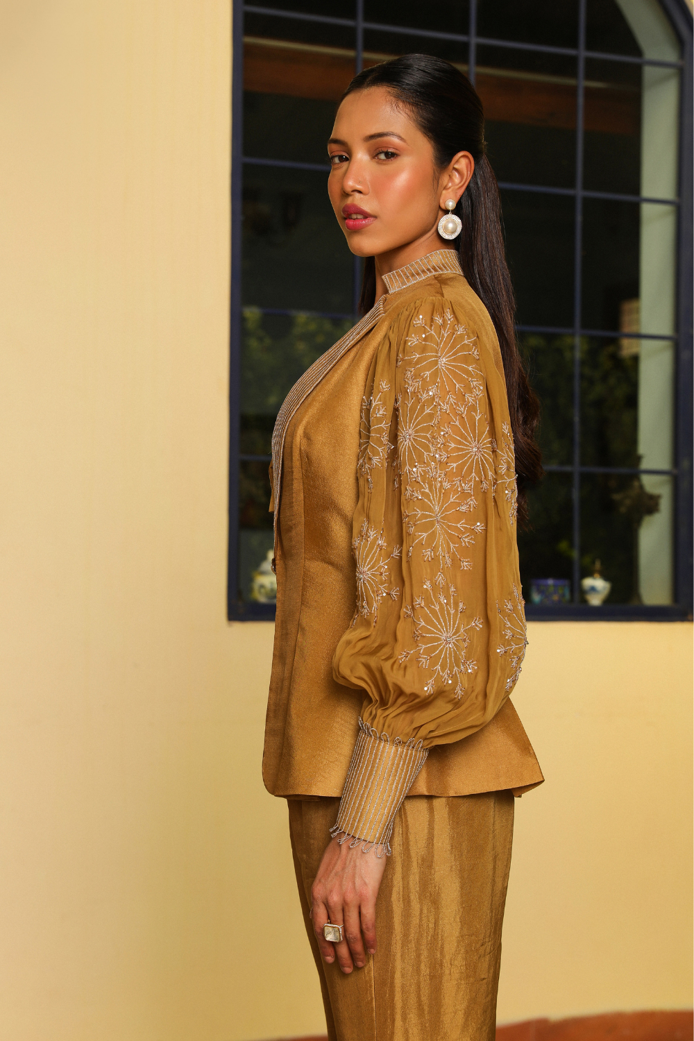 Pia Co-ord Set - Honey Gold Embellished Organza Jacket with Pants