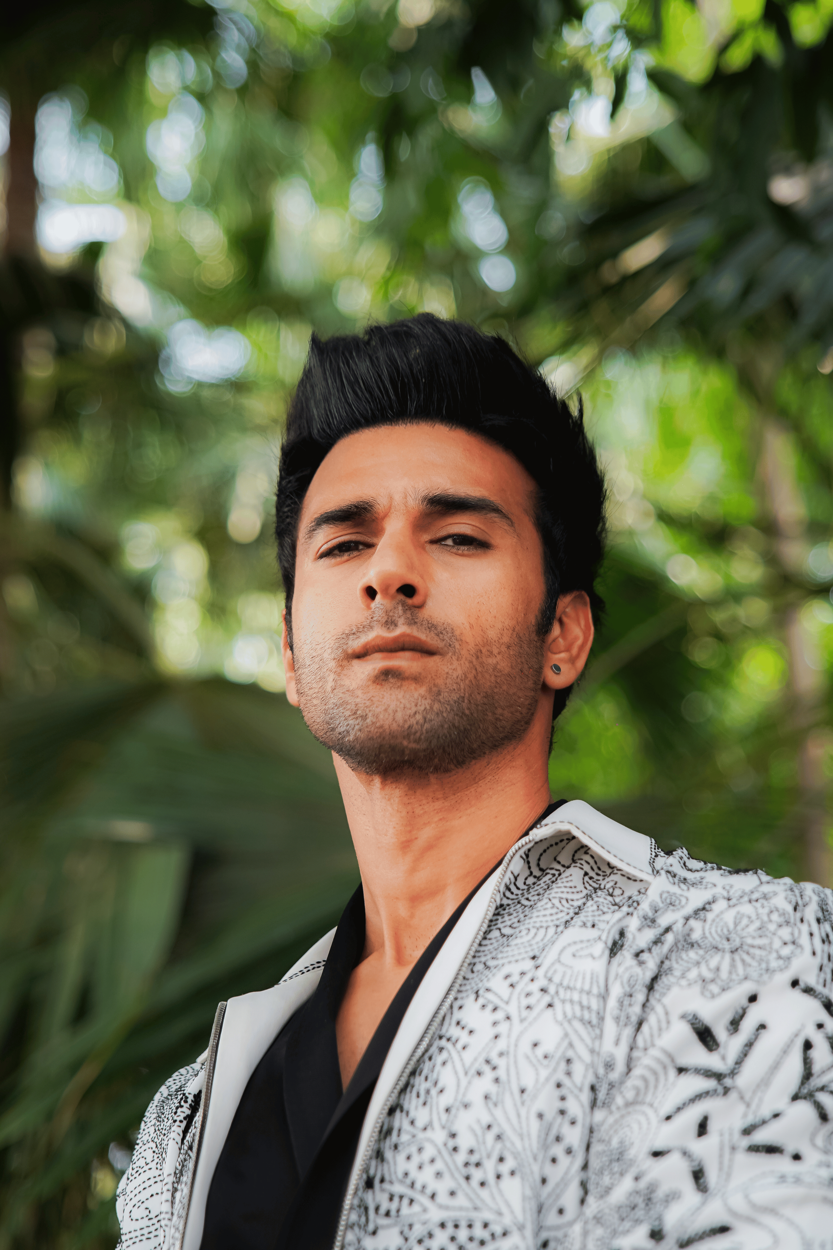 White & Black Worsted Wool Kantha Embroidered Bomber Jacket