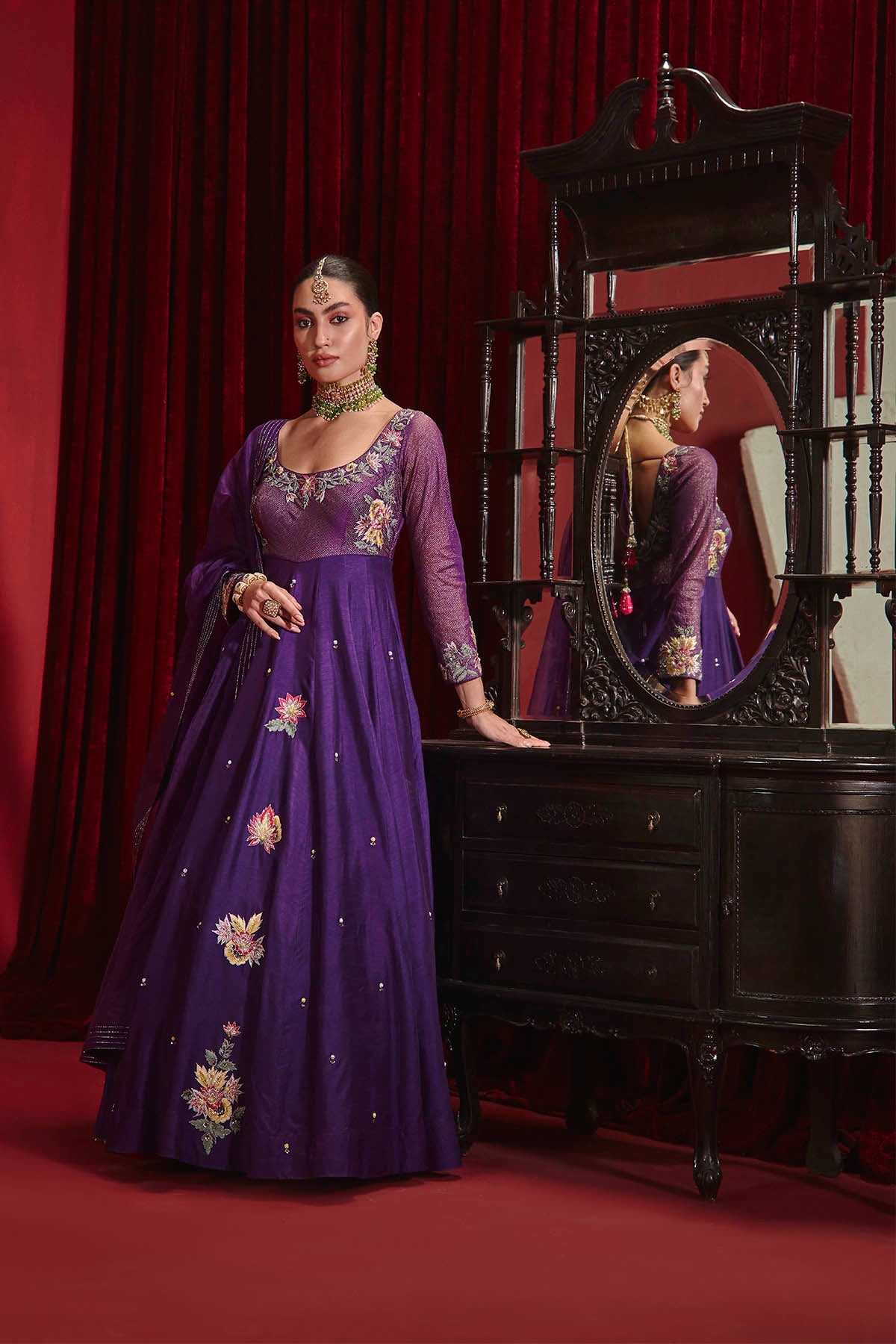 Saloni Purple Embroidered Dupion Silk Anarkali with Organza Dupatta