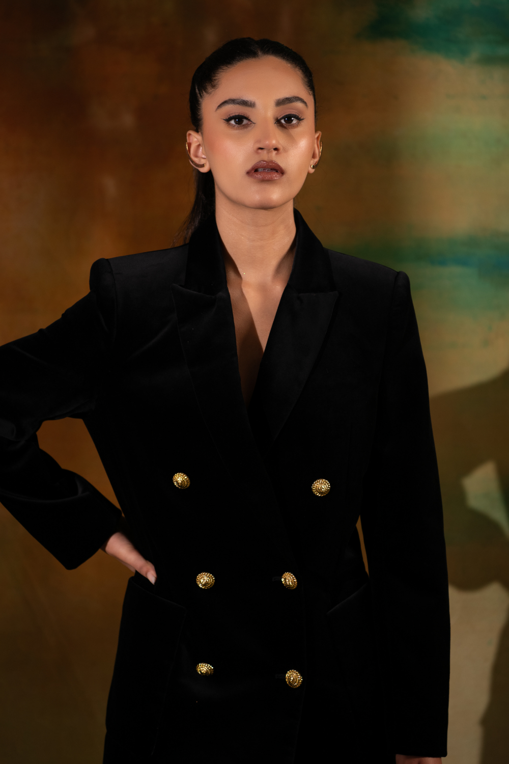 Black Silk Velvet Double Breasted Power Shoulder Jenna Dress