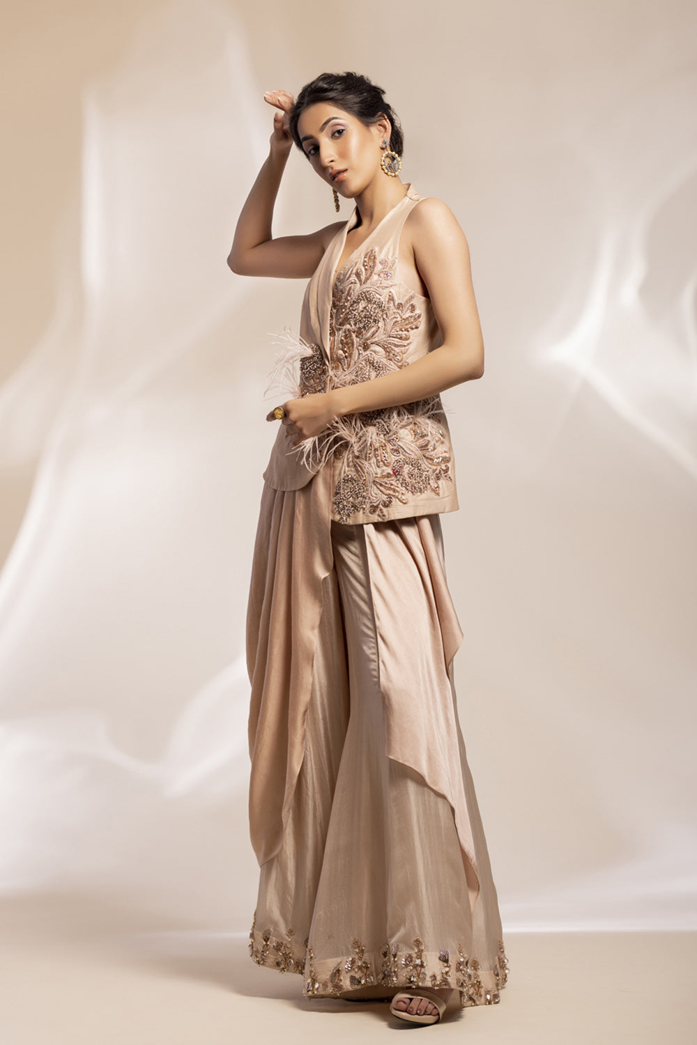 Chiffon Silk Floral Jacket With Feather Accents And Chiffon Sharara - Auraya Fashion 