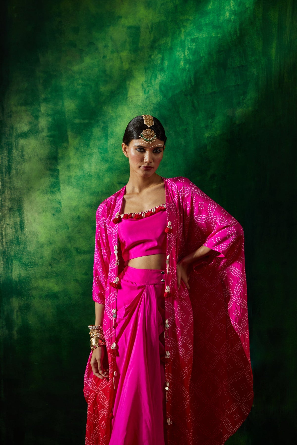 Bandhni cape set with drape skirt