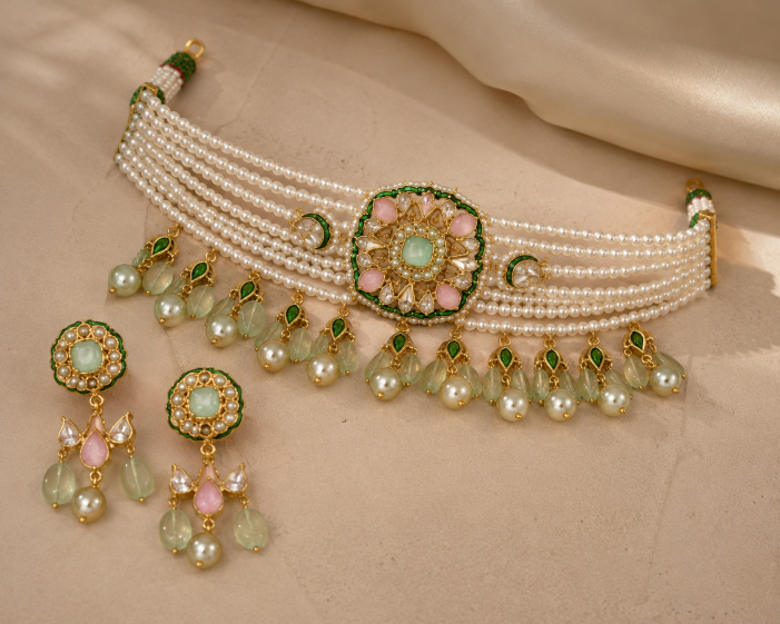 Floral Pearl Jaipuri Kundan Choker Necklace Set with Pastel Green Stone Drops
