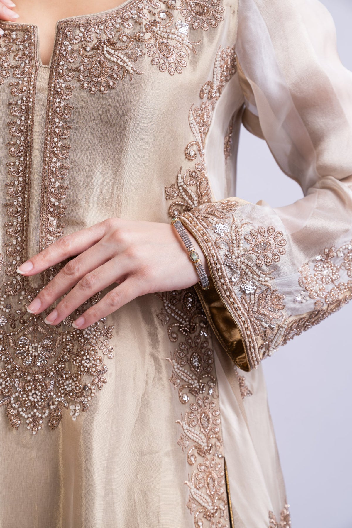 Golden Brown Embroidered Tissue Silk Sharara Set