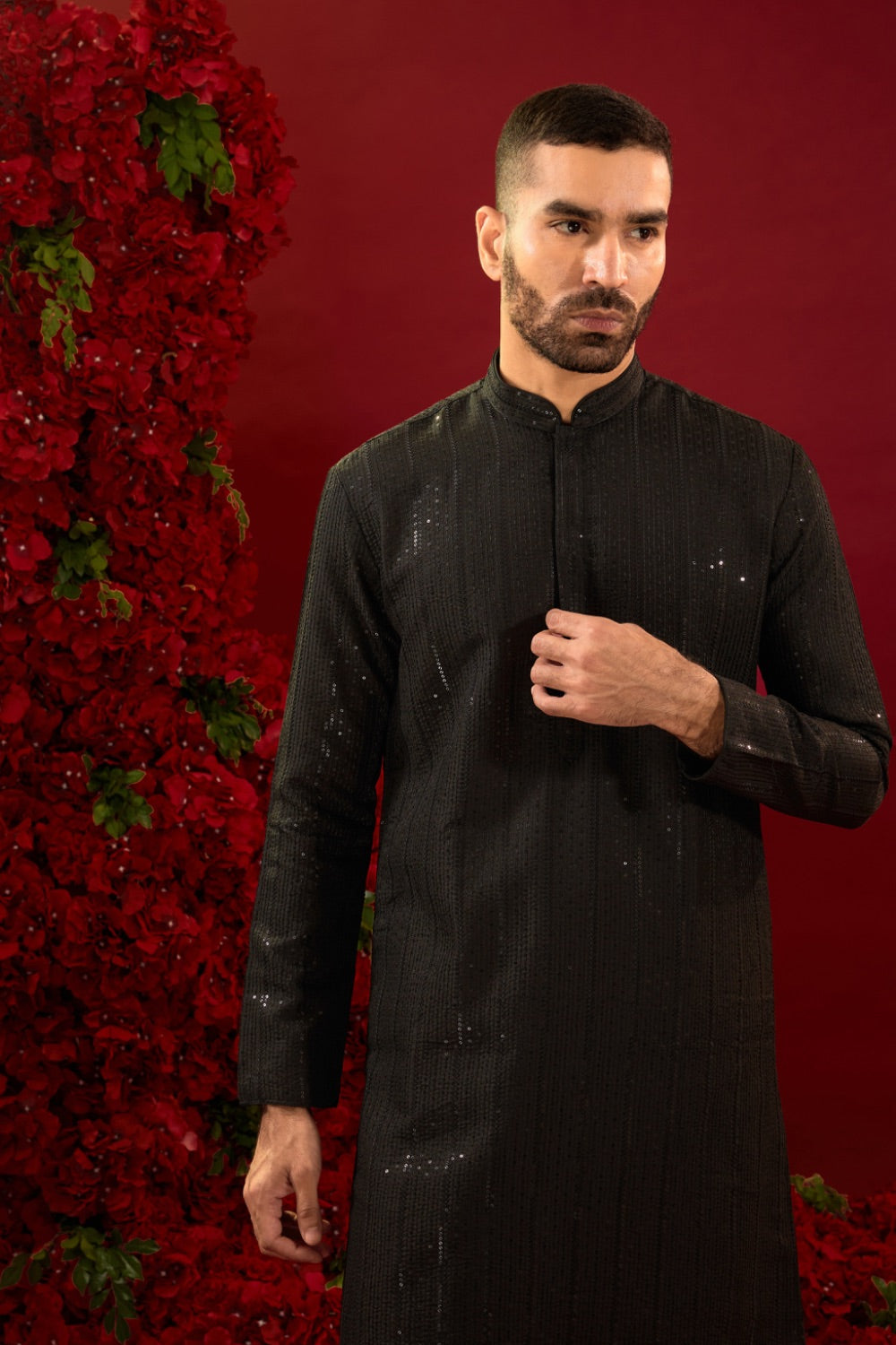 Black silk kurta set with hand and machine work