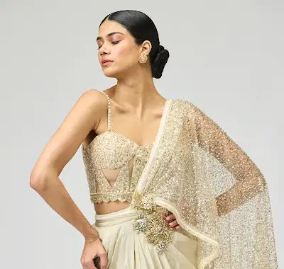 Ivory Viscose Tissue Saree Set with Bead Embroidery for Festive Wear