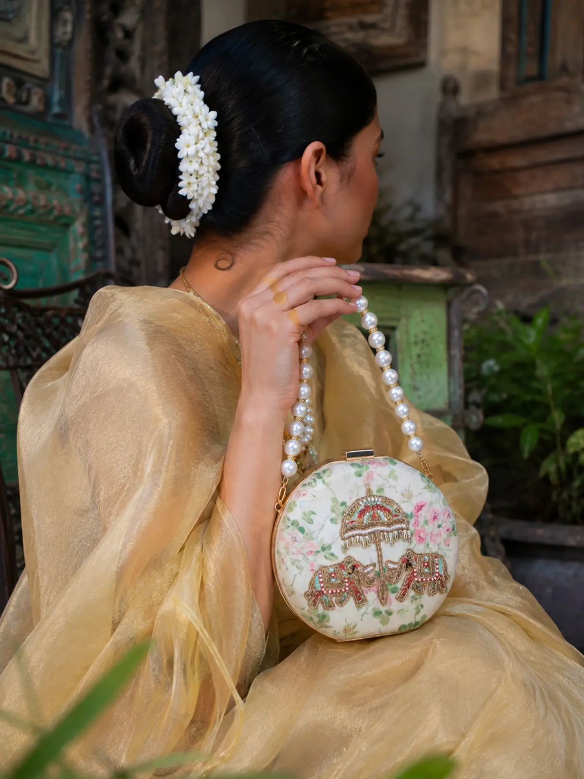 Jaipur Elephant Hand-Embroidered Round Clutch