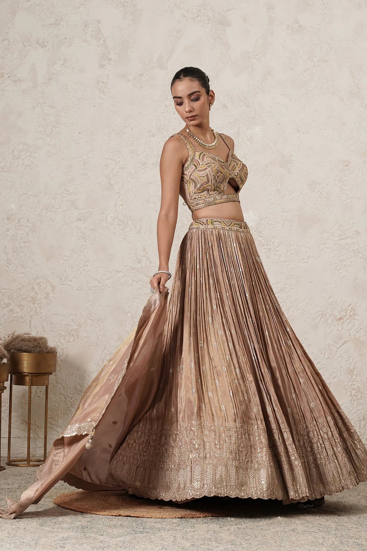 Sharbati Crushed Lehenga Set with Hand-Embroidered Blouse & Dupatta | Champagne Rose |  Women | THETAA