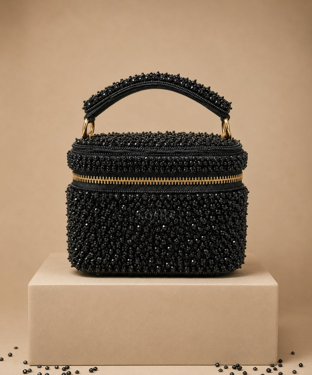 Ziya Black Suede Embroidered Vanity Bag