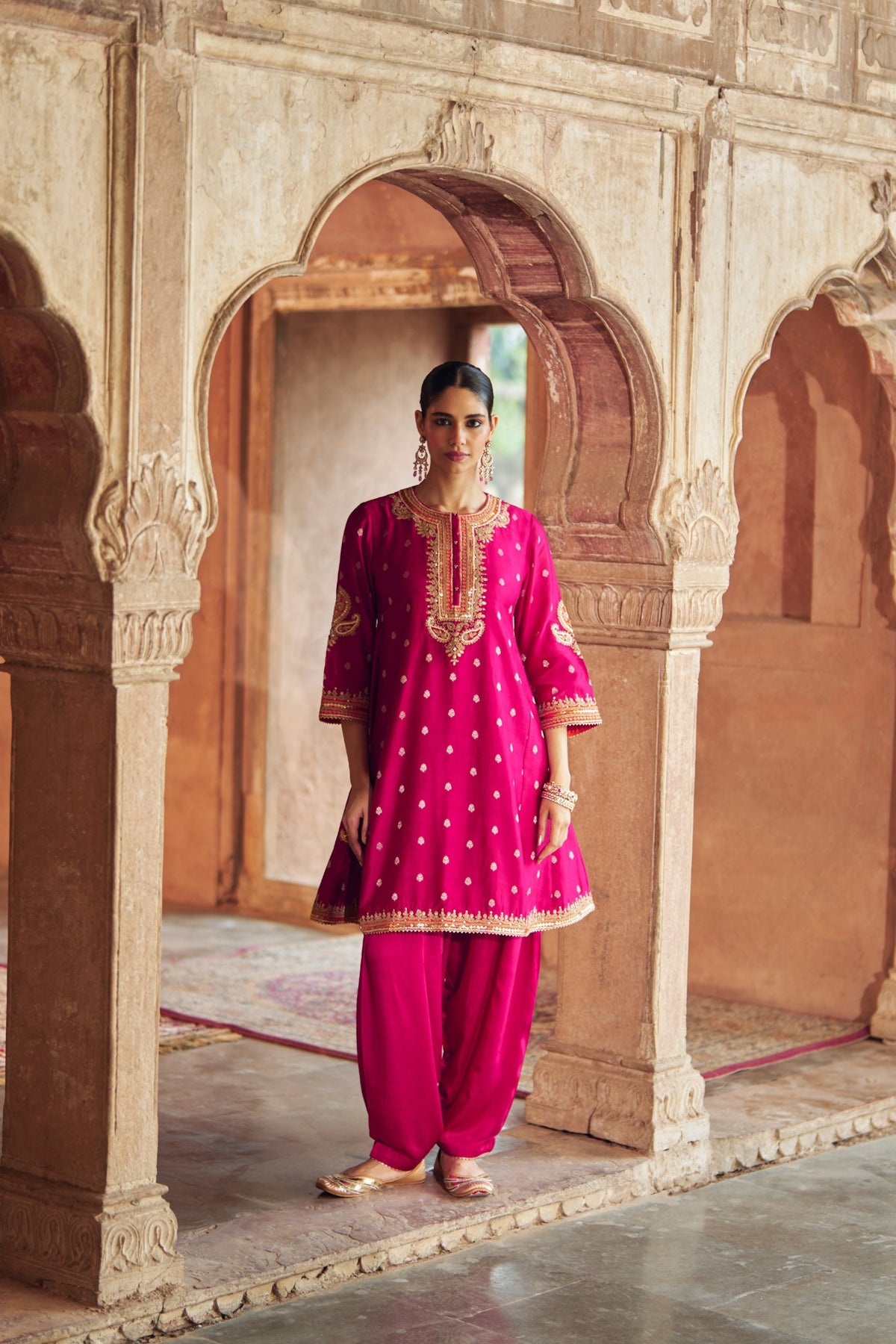 Hot Pink Silk Chanderi Chauga with Traditional Dogri Salwar
