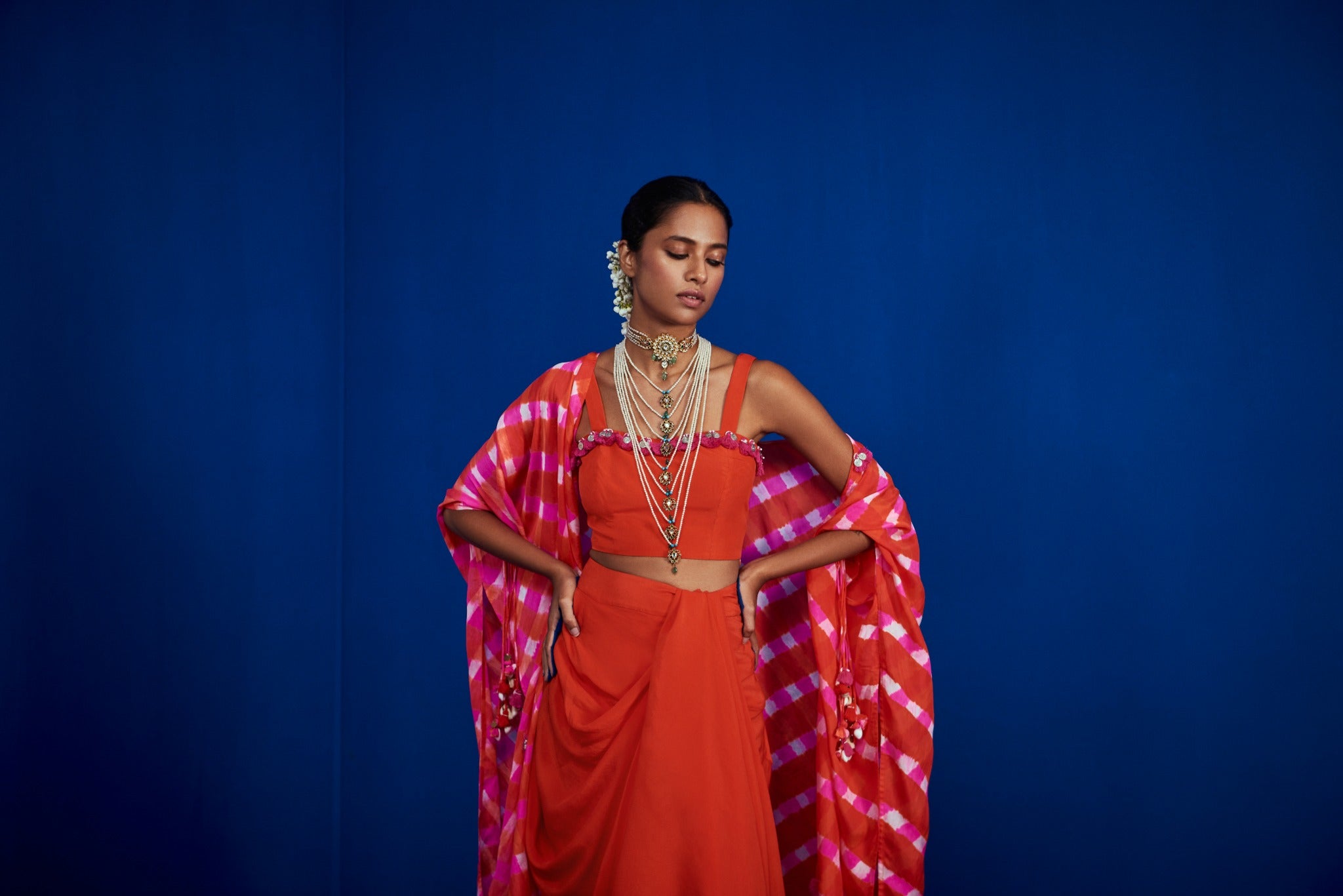 Leheriya Cape Set With Draped Skirt