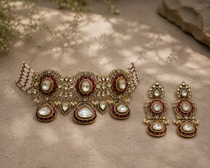 Ruby Red Polki Choker Set