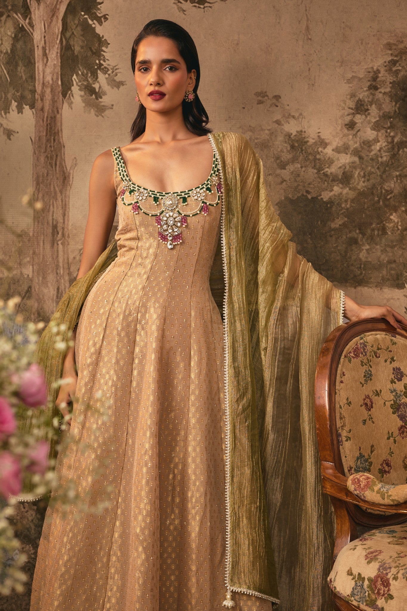 Muted Nude Gold Embellished Anarkali Set