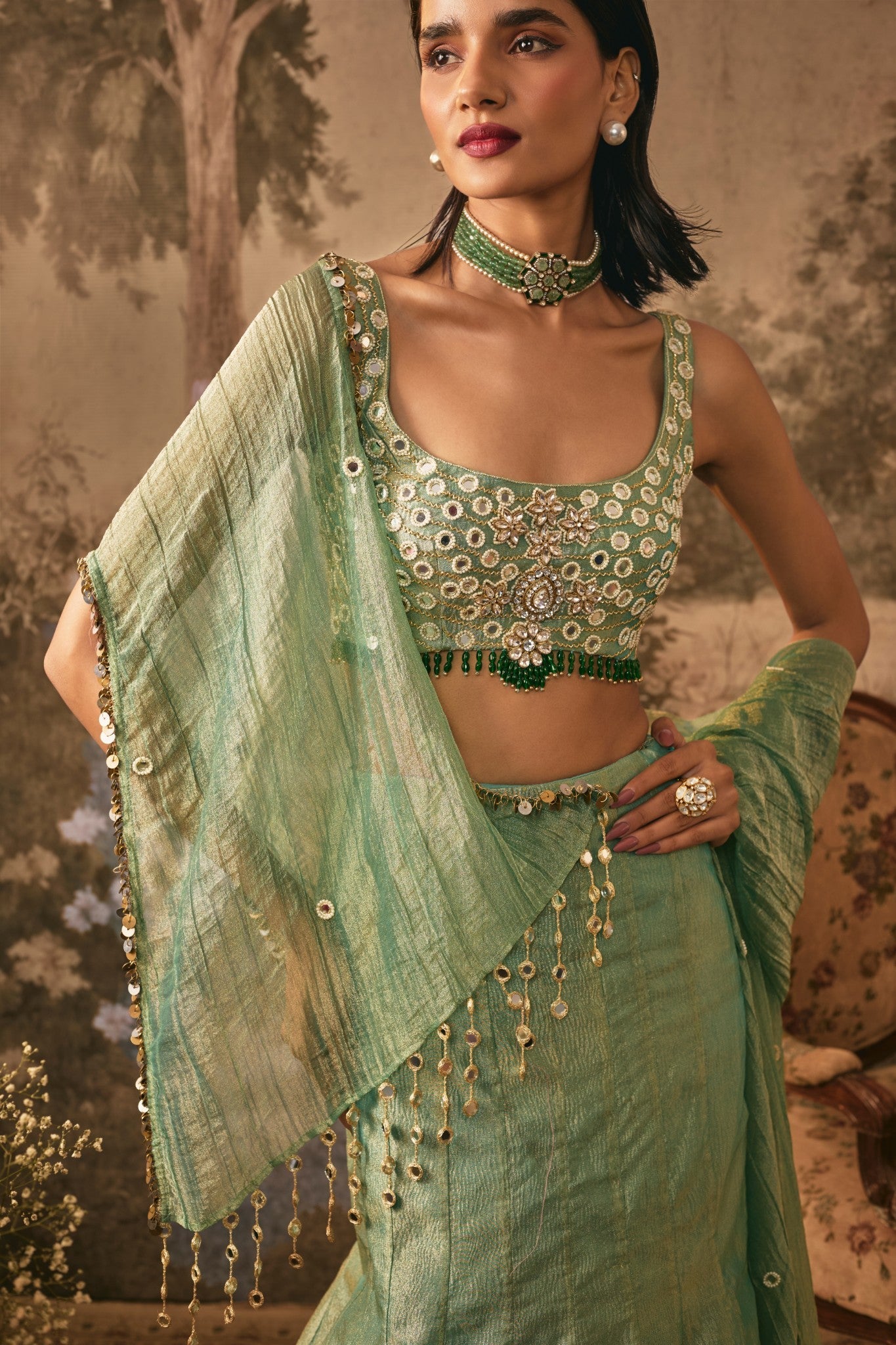 TISSUE,MIRROR AND JEWEL EMBROIDERED LEHENGA SET