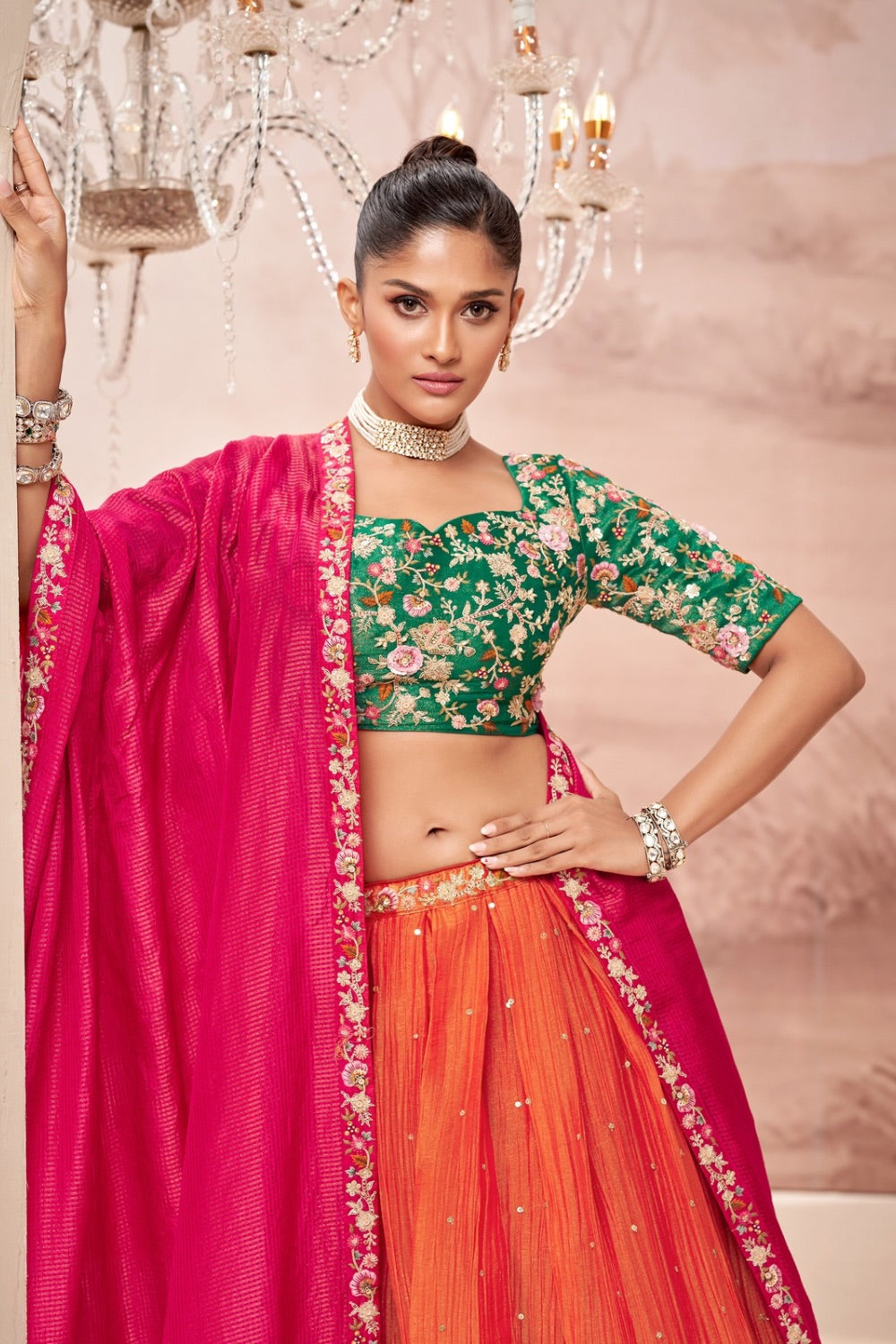 Tricolour crush tissue lehenga choli with machine work