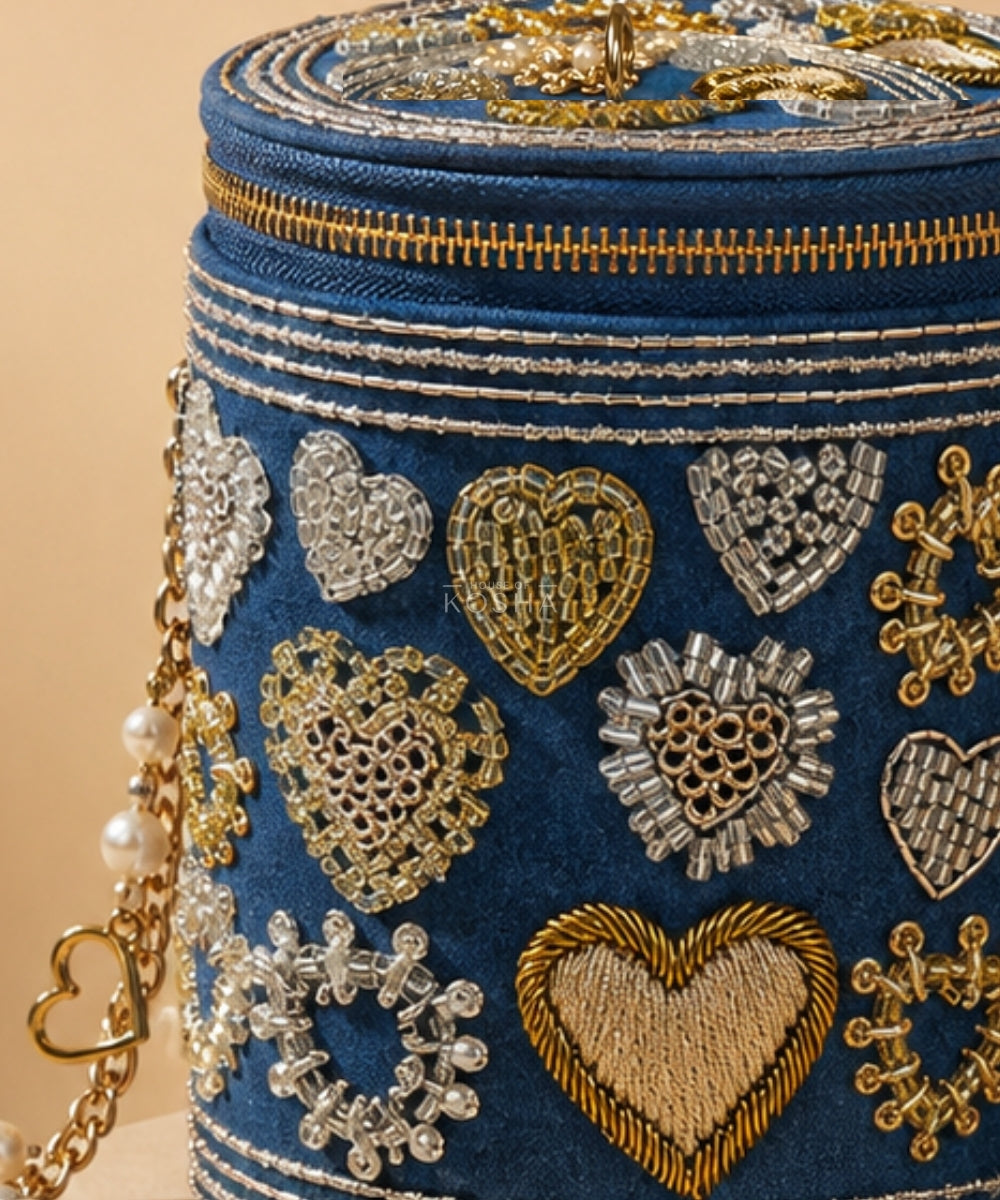 Alizeh Gold & Silver Denim Embroidered Cylinder Mini Bag