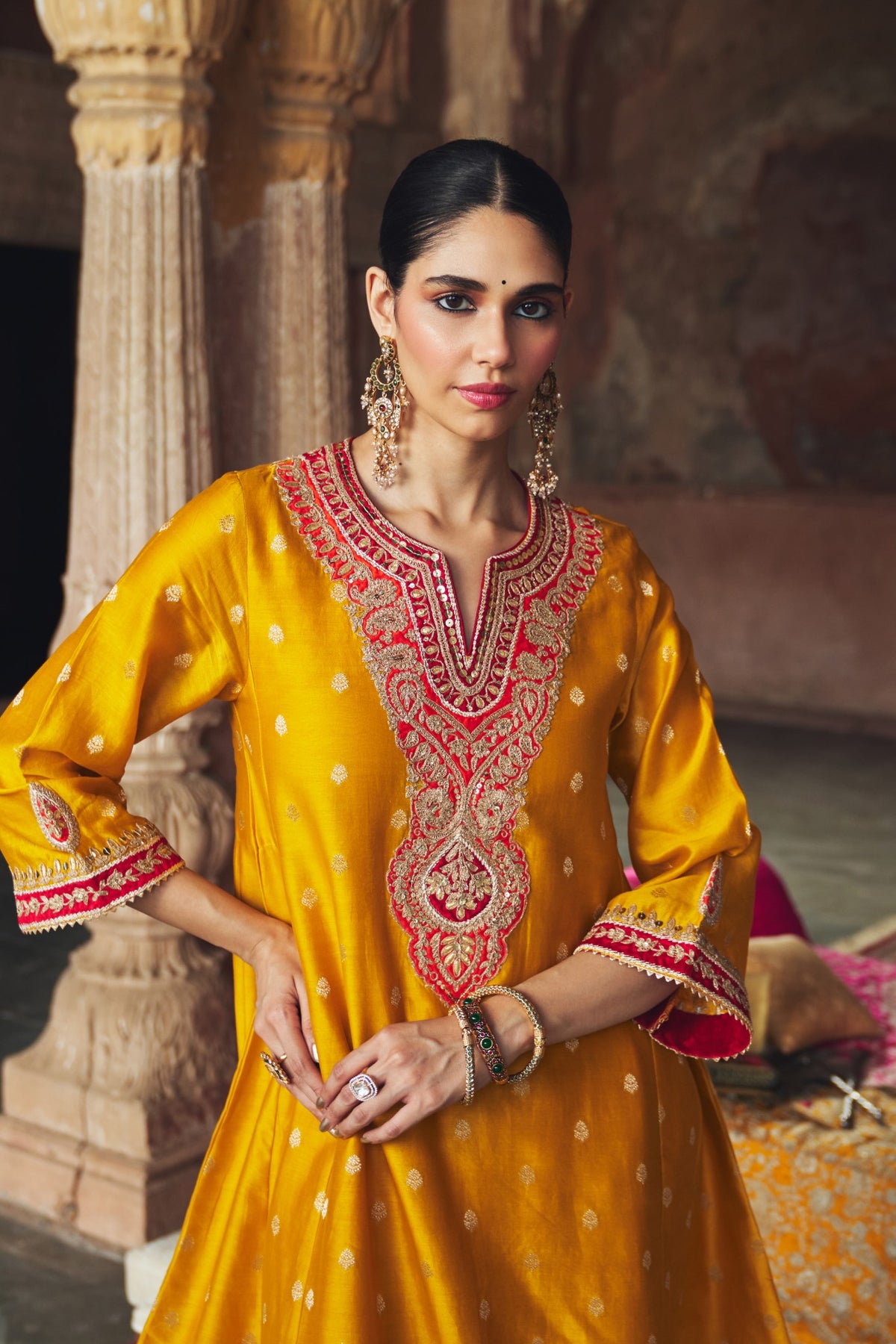 Mustard Silk Chanderi Banarasi Chauga Kurta with Dogri Salwar Set