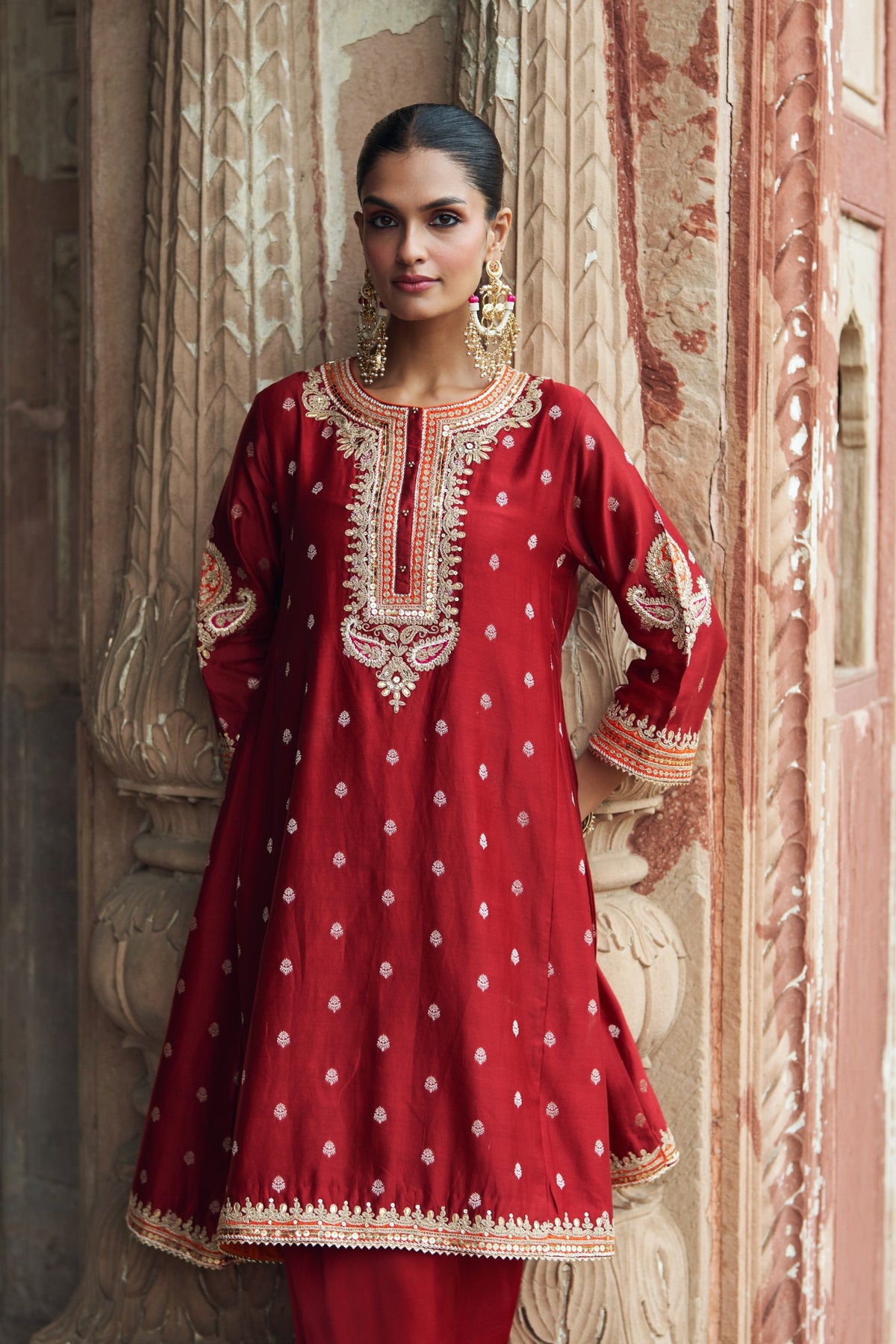Deep Red Pure Silk Chanderi Chauga Kurta with Salwar Set