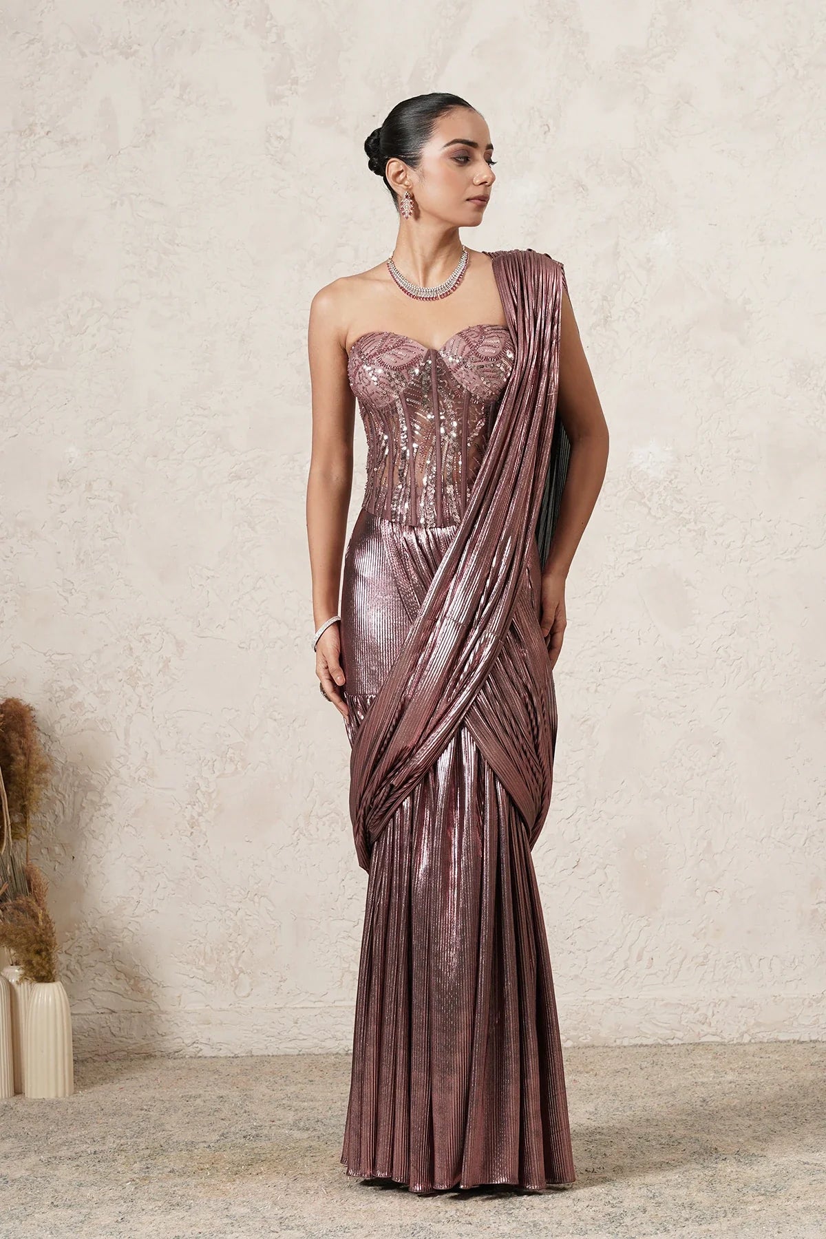 Chandni metallic pre-draped saree with sequin blouse in light beige for women, perfect for cocktails, receptions & sangeet. By THETAA.