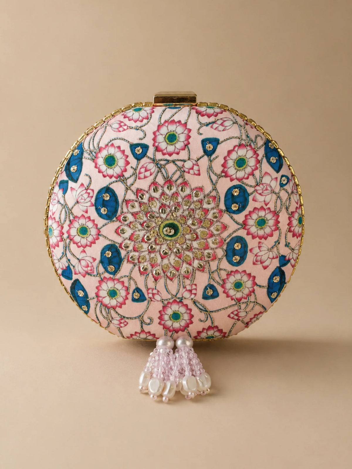 Pink Pichwai Lotus Embellished Round Clutch Bag with Beaded Handle