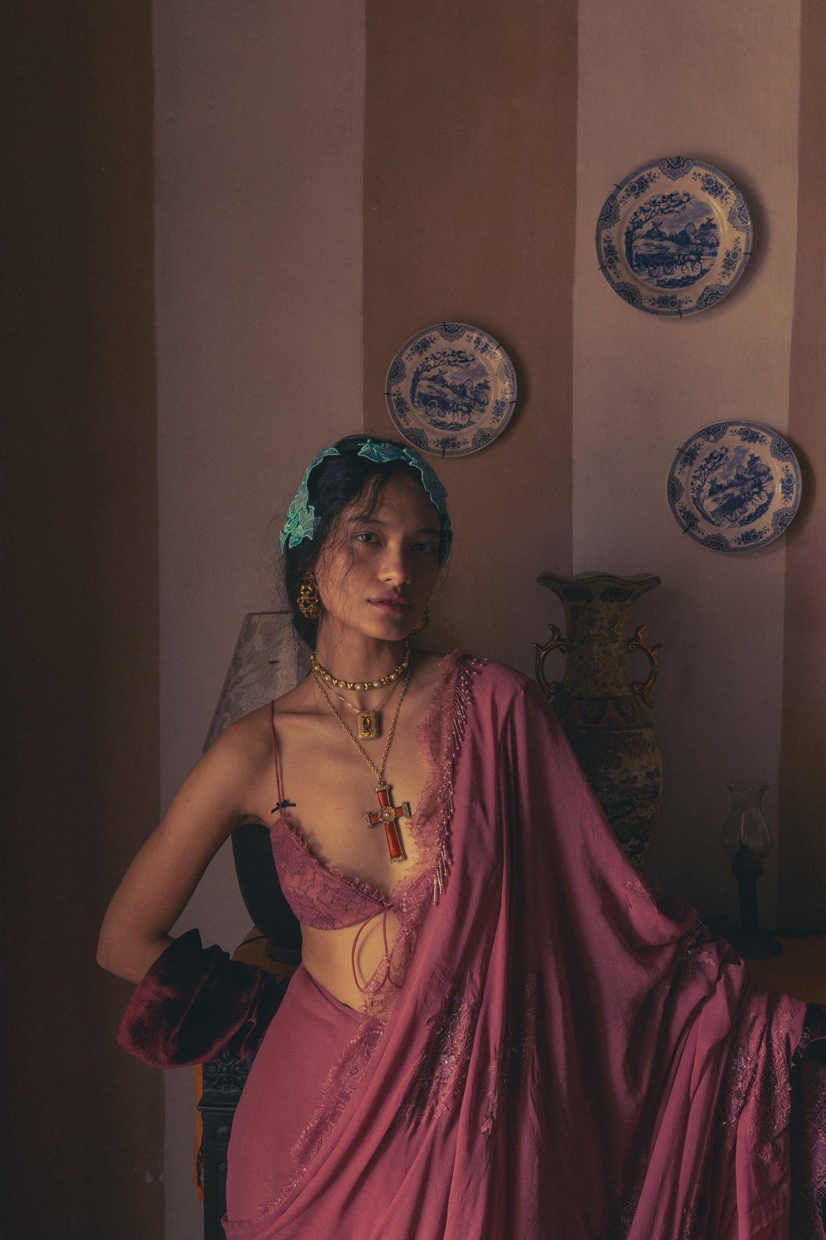 Vintage Rose, Zardosi & Bead Embroidery, Silk Georgette & Lace, Pre-Pleated Sari Set, Bralette Silhouette