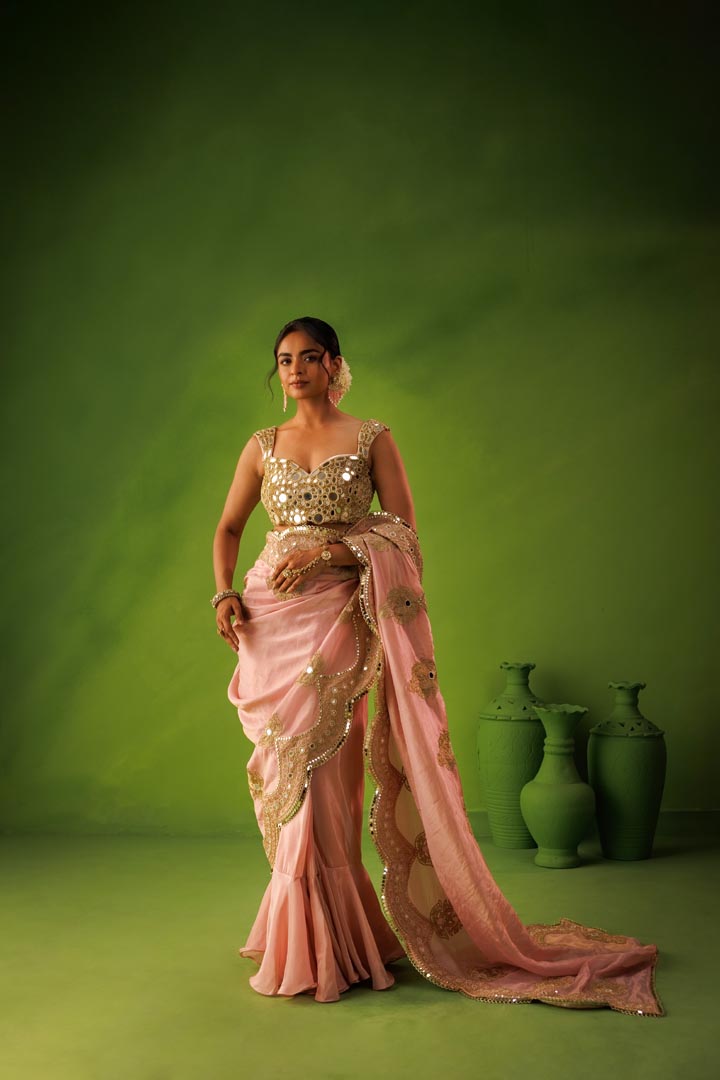 Baby pink mirror work saree set