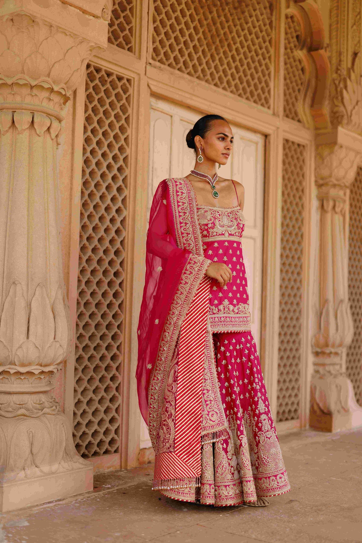 Hot Pink Kurta Gharara Set with Embroidered Organza Dupatta