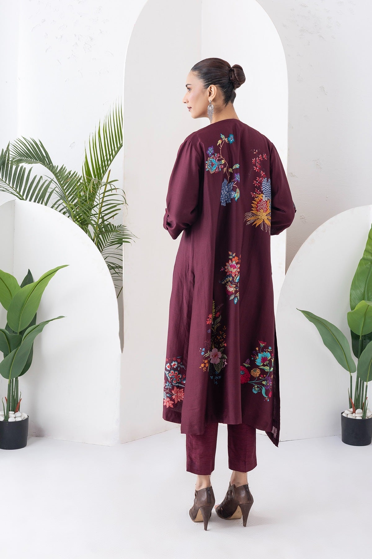 Chocolate Brown Silk Chanderi Printed High-Low Dress Set (3 PCS)