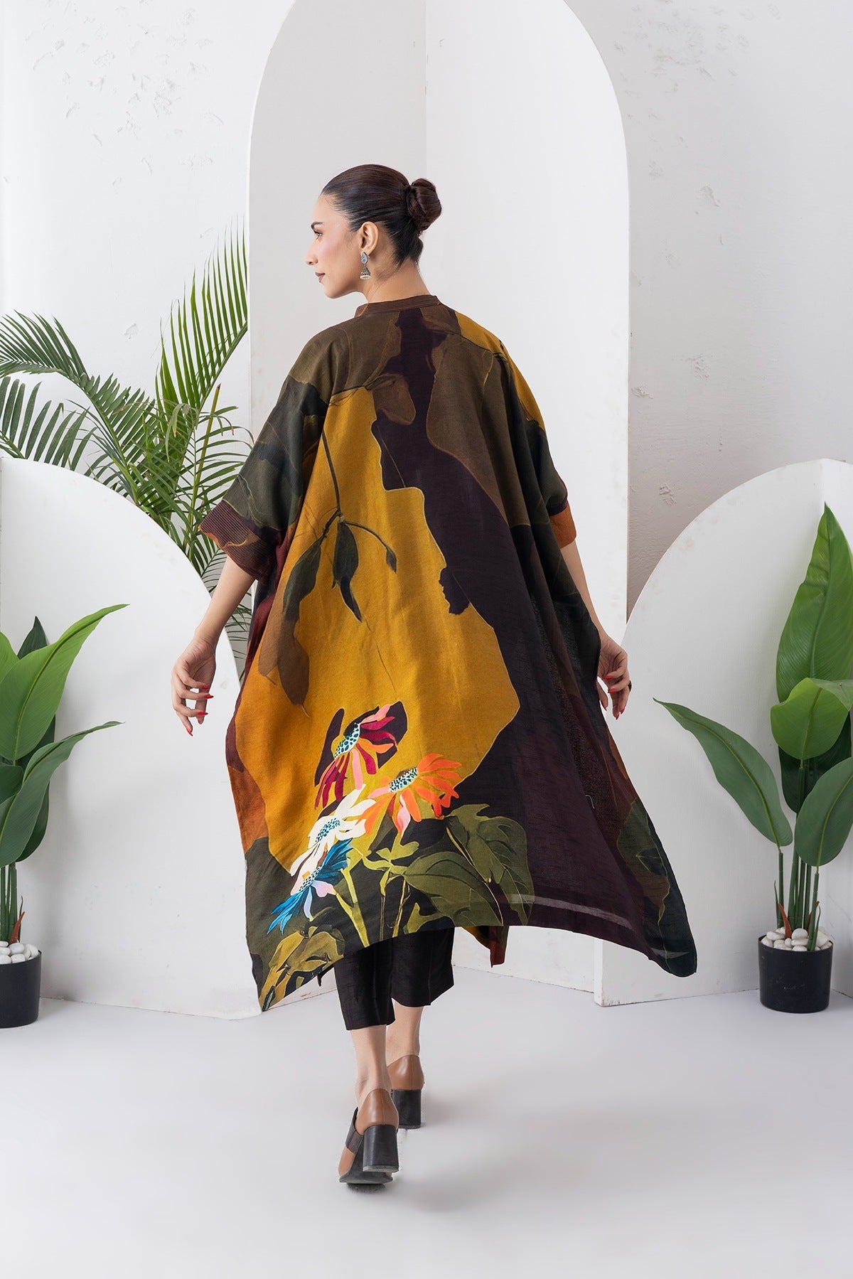 Mustard & Brown Viscose Dupion Printed Kaftan Style Dress Set (3 PCS)
